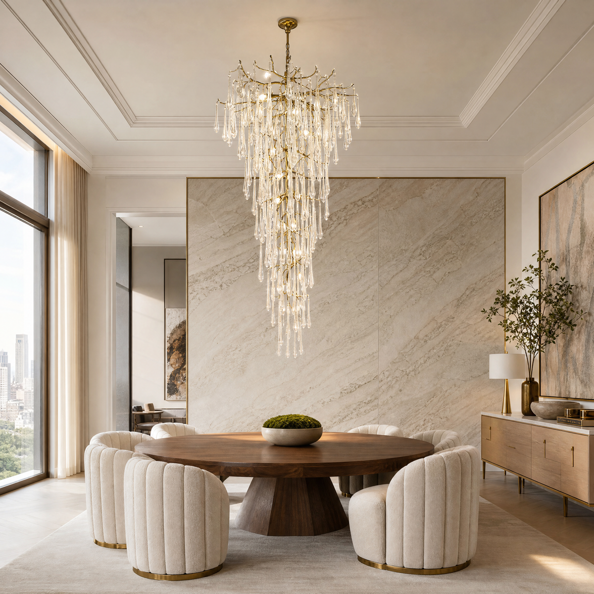 A tiered gold chandelier featuring cascading clear crystal icicle pendants suspended from a metallic branch-like frame.