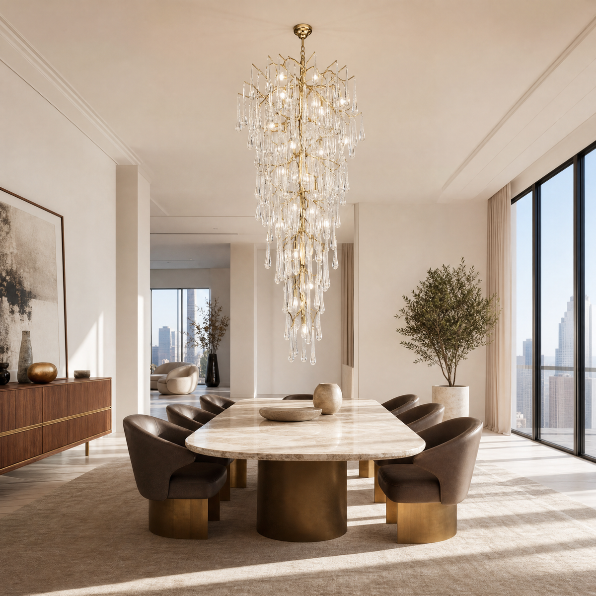 A tiered gold chandelier featuring cascading clear crystal icicle pendants suspended from a metallic branch-like frame.
