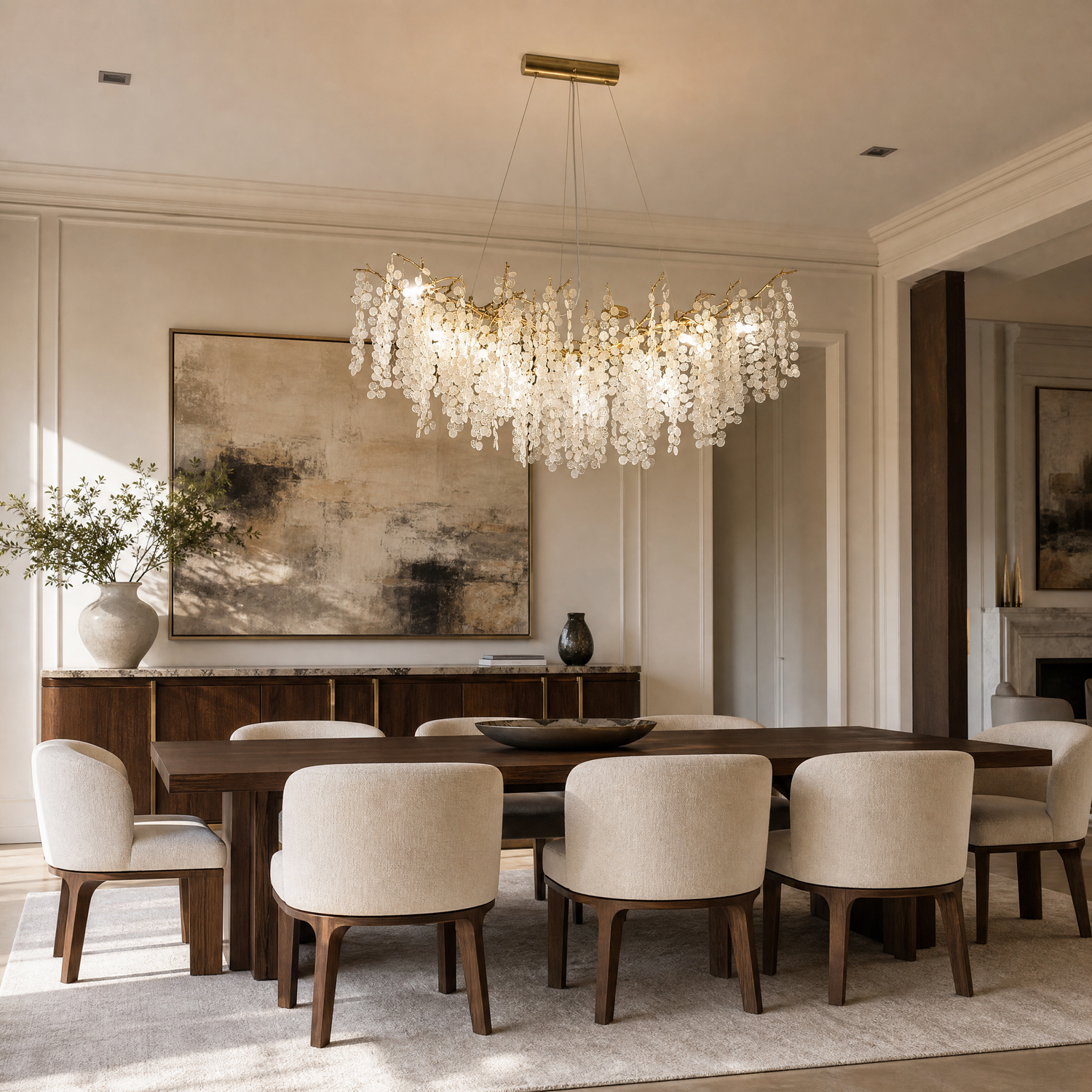 A brass branch chandelier featuring suspended frosted glass leaf elements that provide ambient light.