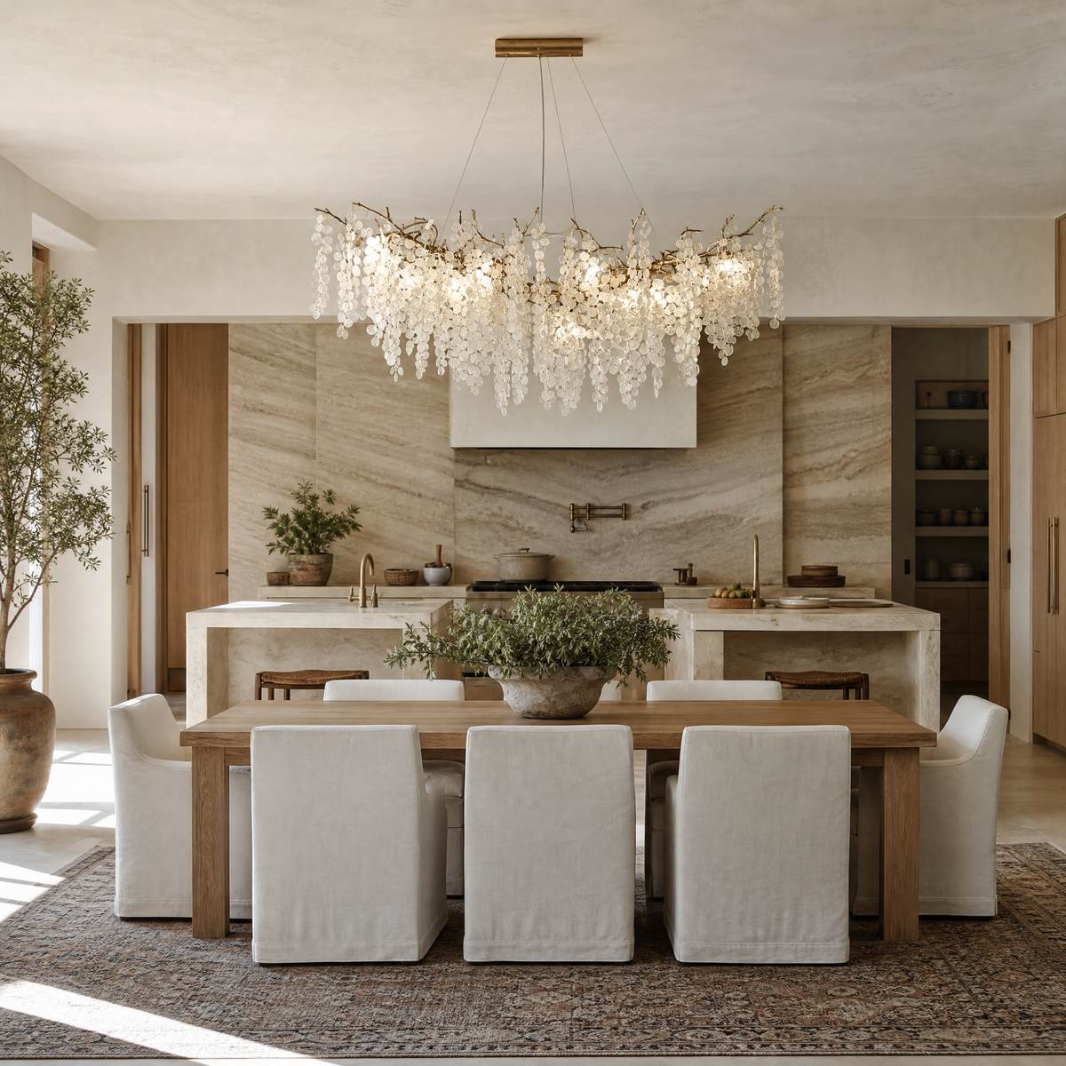 A brass branch chandelier featuring suspended frosted glass leaf elements that provide ambient light.