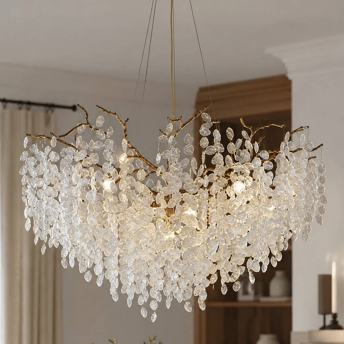 A modern organic branch chandelier with a warm gold metal frame and frosted white crystal petal accents.