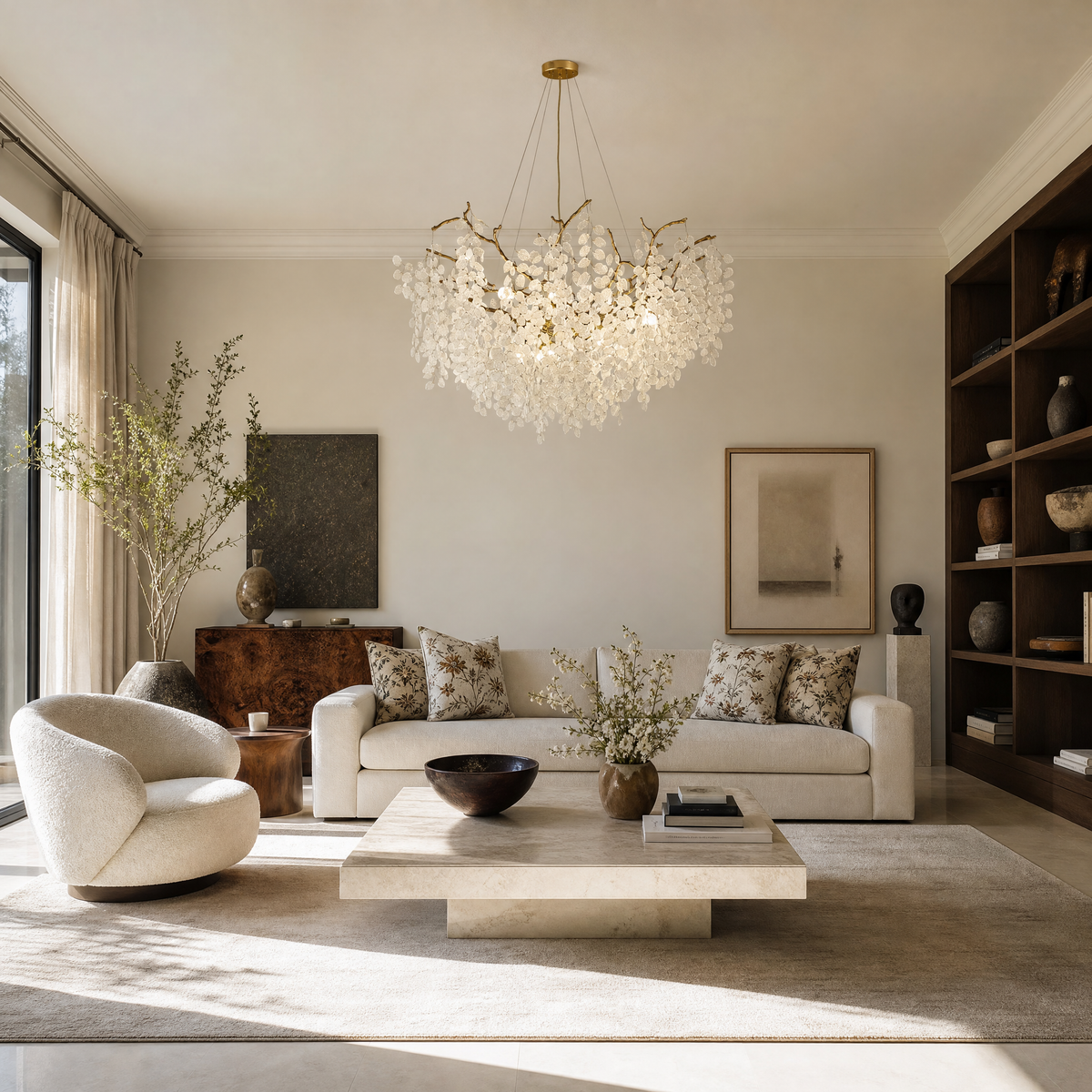 A modern organic branch chandelier with a warm gold metal frame and frosted white crystal petal accents.