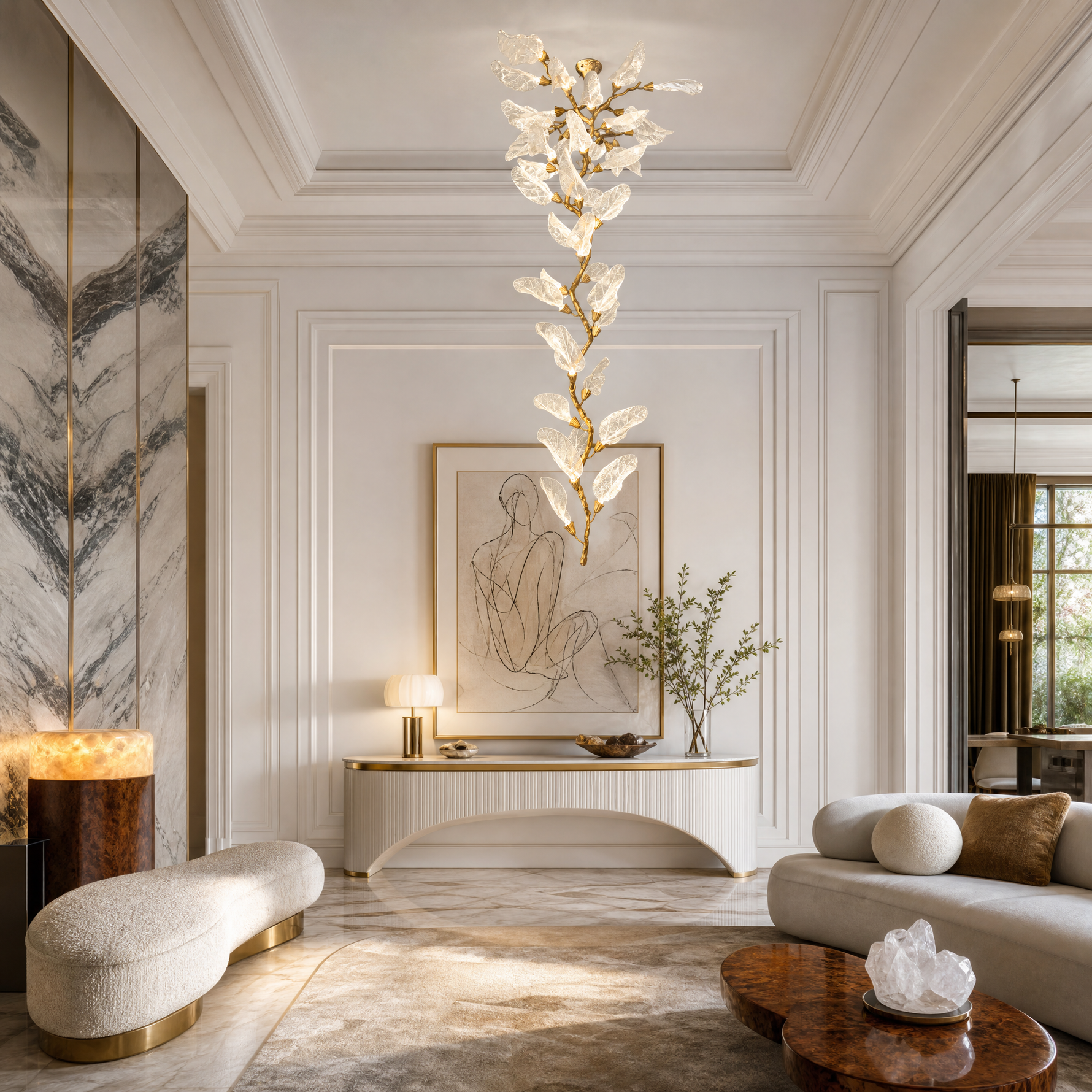 A brass branch-inspired chandelier featuring cascading frosted leaf-shaped glass shades hanging vertically.
