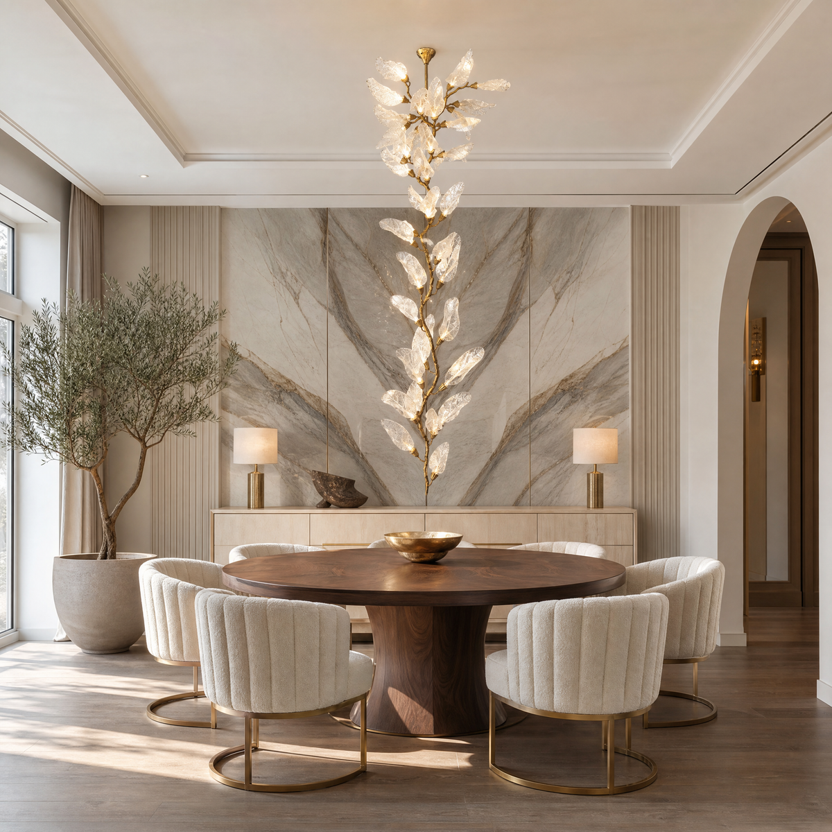 A brass branch-inspired chandelier featuring cascading frosted leaf-shaped glass shades hanging vertically.