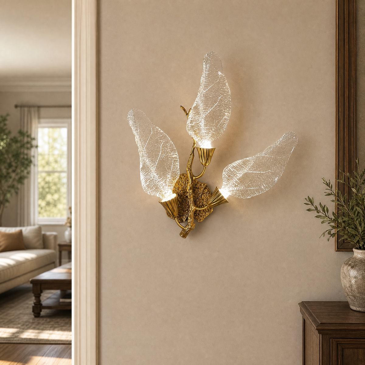 A wall sconce featuring sculpted leaf-shaped textured glass shades and a warm gold metal finish.