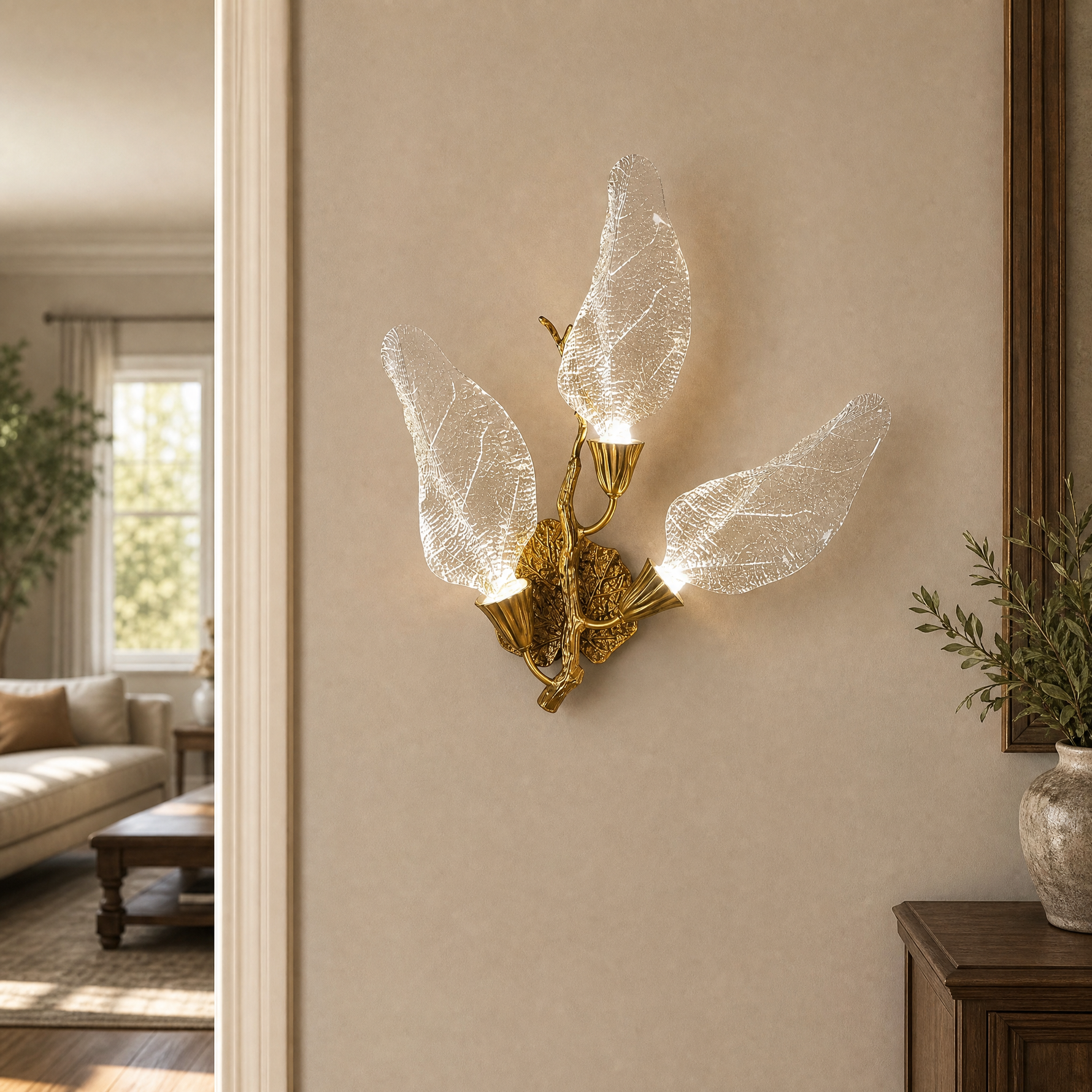 A wall sconce featuring sculpted leaf-shaped textured glass shades and a warm gold metal finish.
