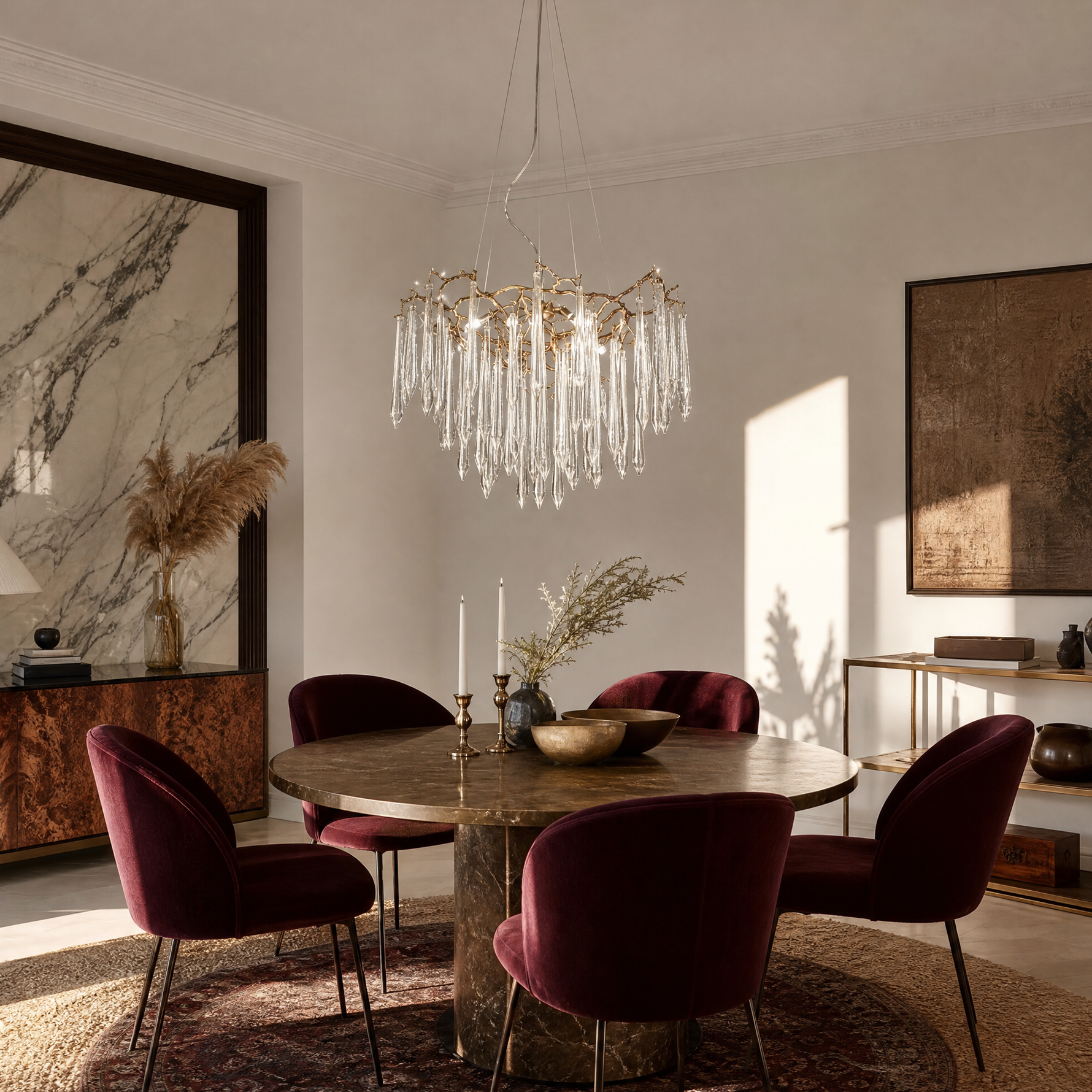 A brass branch chandelier featuring cascading clear crystal raindrop prisms suspended by slim metal cables.