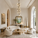 A modern chandelier with an antique brass metal vine frame and glowing glass buds hanging in a bright room.