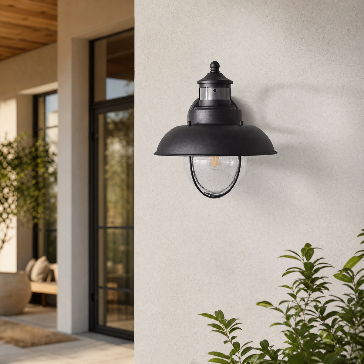 Barn Wall Sconce Farmhouse Sand Black Iron Seeded Glass 1-Light 10.2"H for Porch