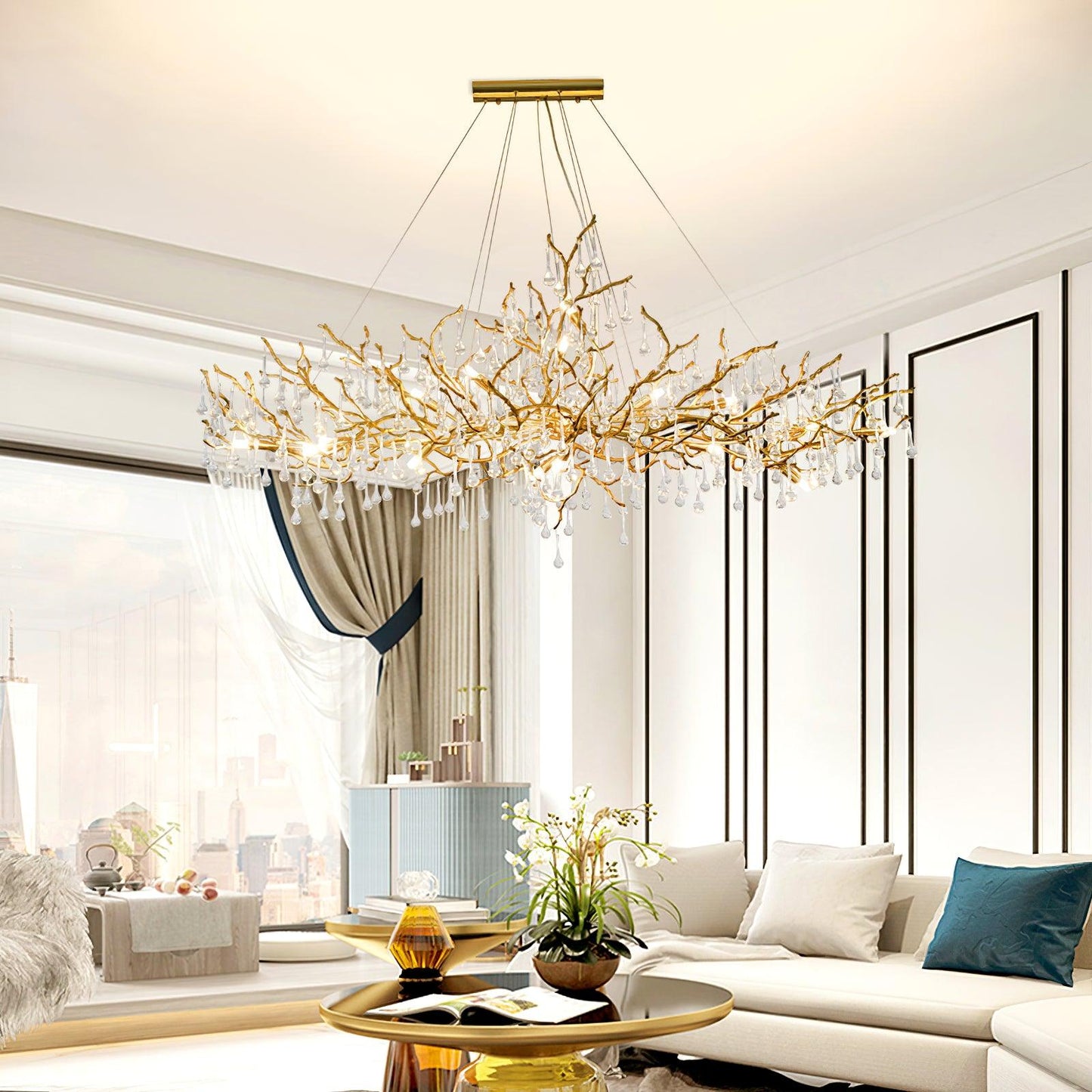 Bijou Brass & Clear Crystal Chandelier Handcrafted Branch Design
