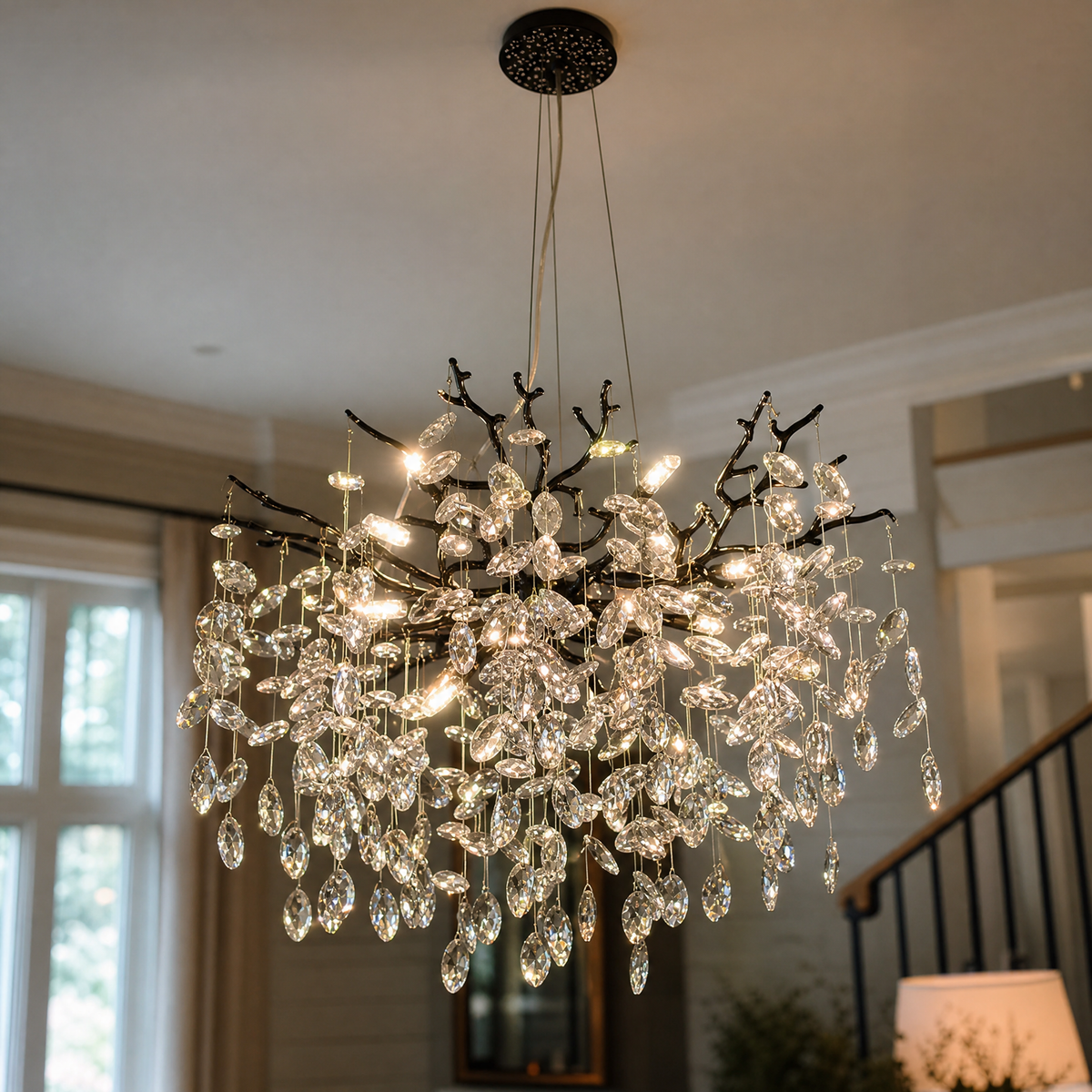 Black Metal Branch Chandelier with Clear Teardrop Crystal Accents