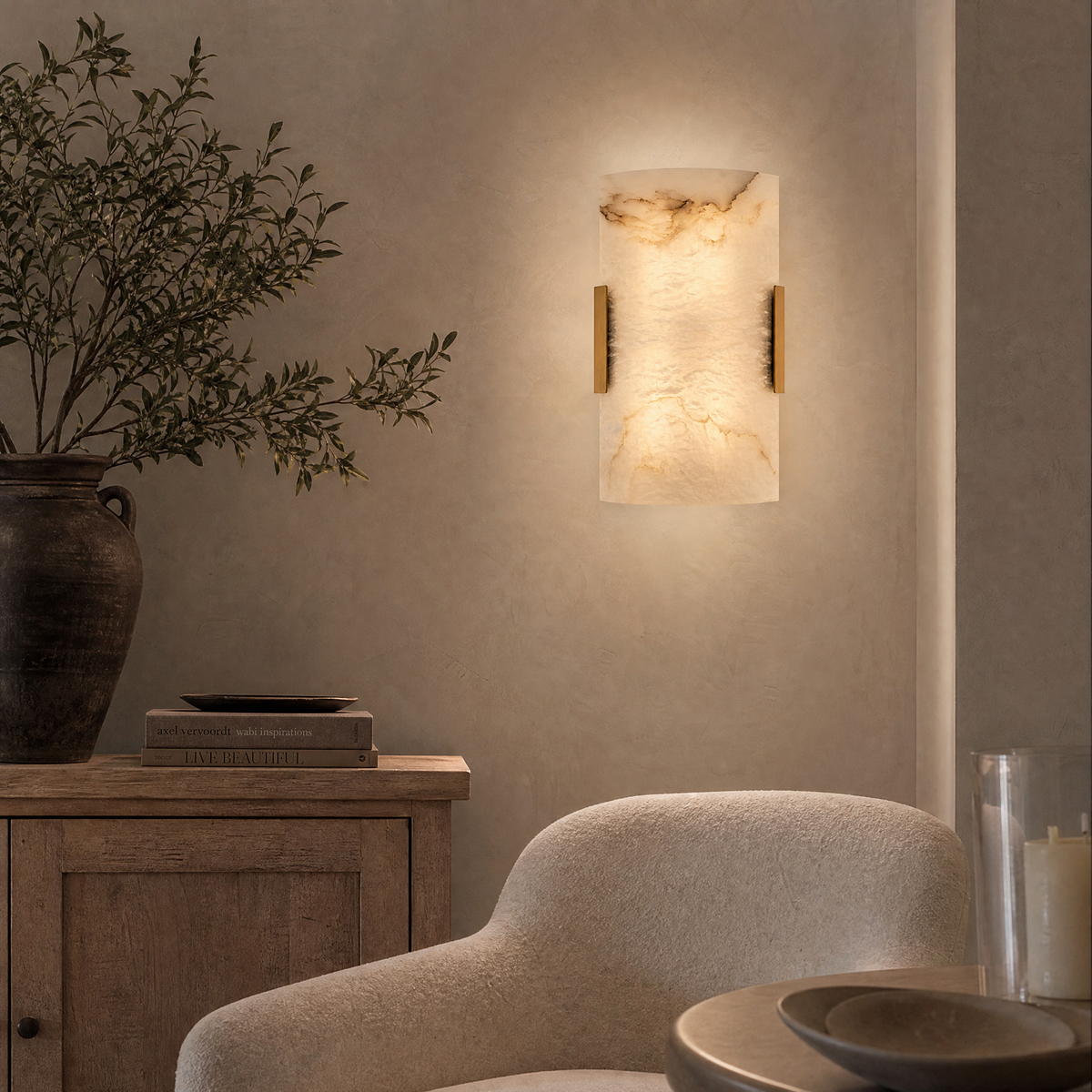 Blocco Modern Brass Alabaster Wall Sconce