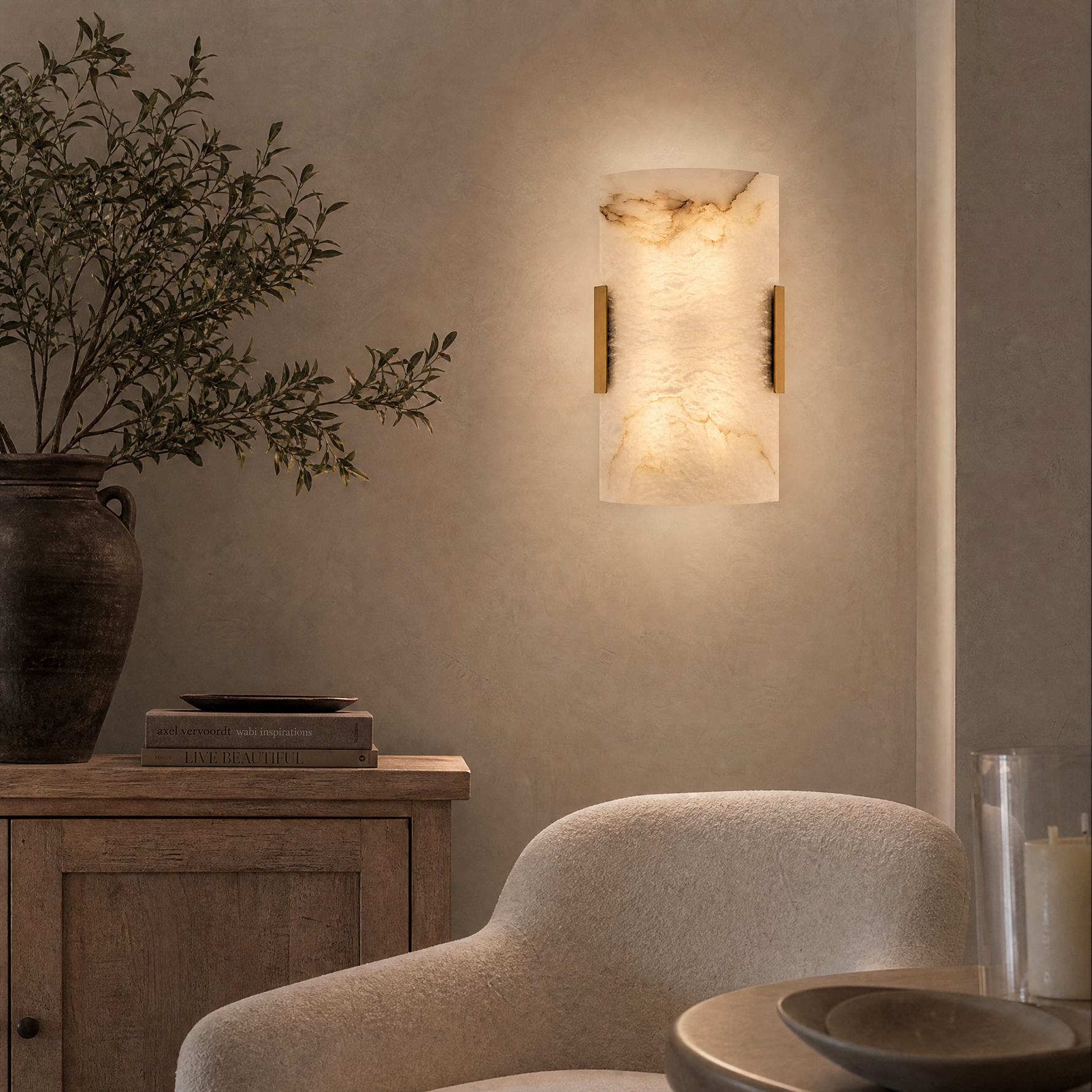 Blocco Modern Brass Alabaster Wall Sconce