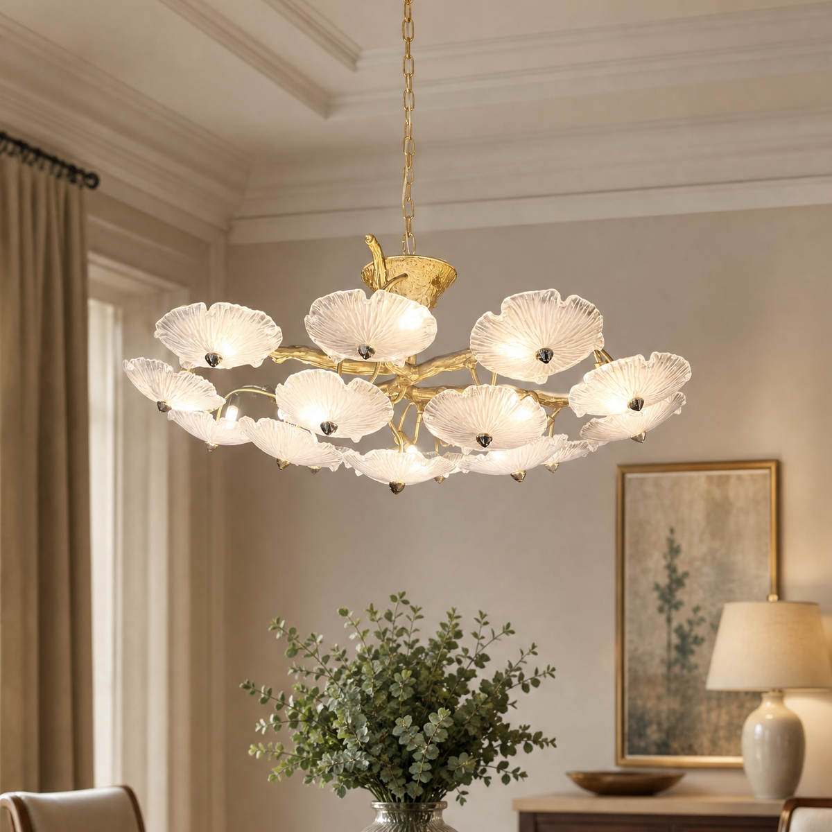 A tiered chandelier with a warm brass branch frame and petal-shaped frosted glass shades.