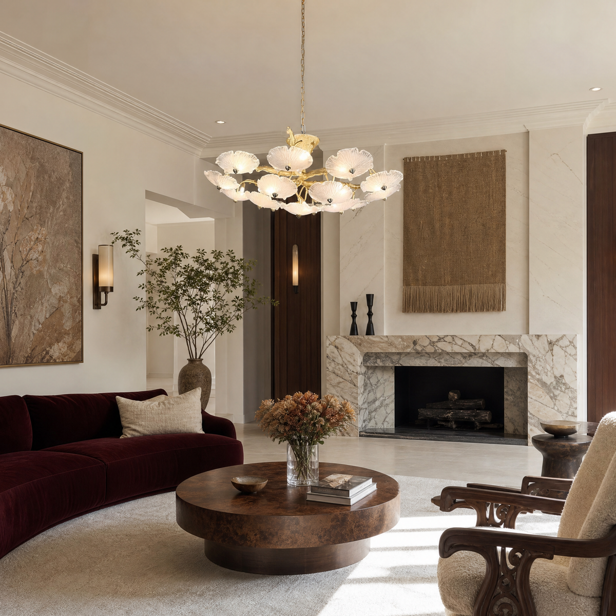 A tiered chandelier with a warm brass branch frame and petal-shaped frosted glass shades.