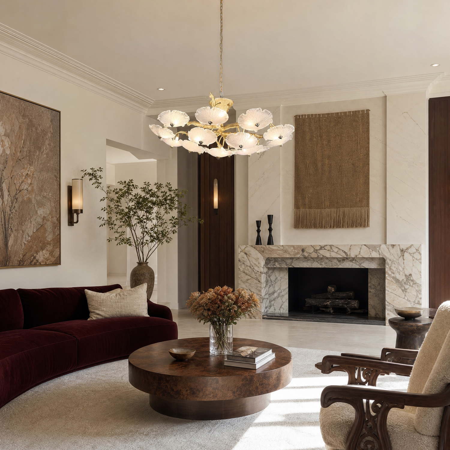 A tiered chandelier with a warm brass branch frame and petal-shaped frosted glass shades.