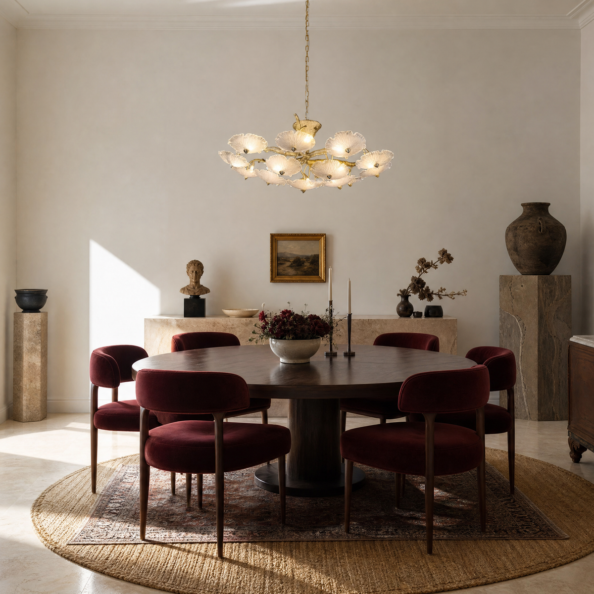 A tiered chandelier with a warm brass branch frame and petal-shaped frosted glass shades.