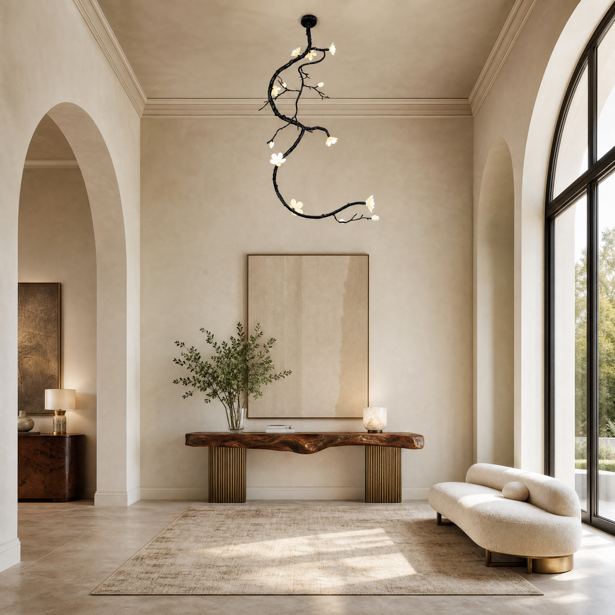 A matte black metal vine branch pendant light with frosted glass floral blossoms suspended from a ceiling mount.