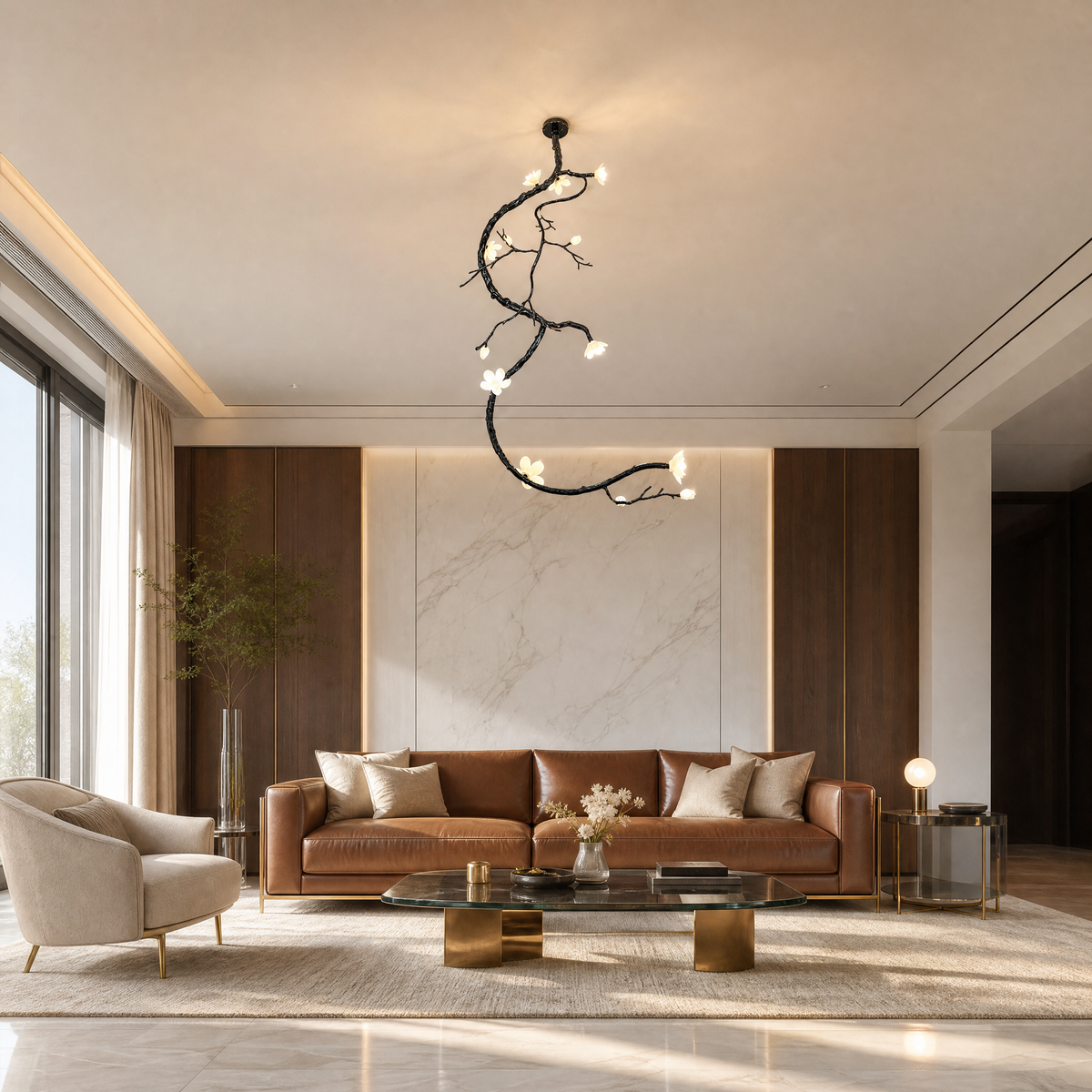 A matte black metal vine branch pendant light with frosted glass floral blossoms suspended from a ceiling mount.