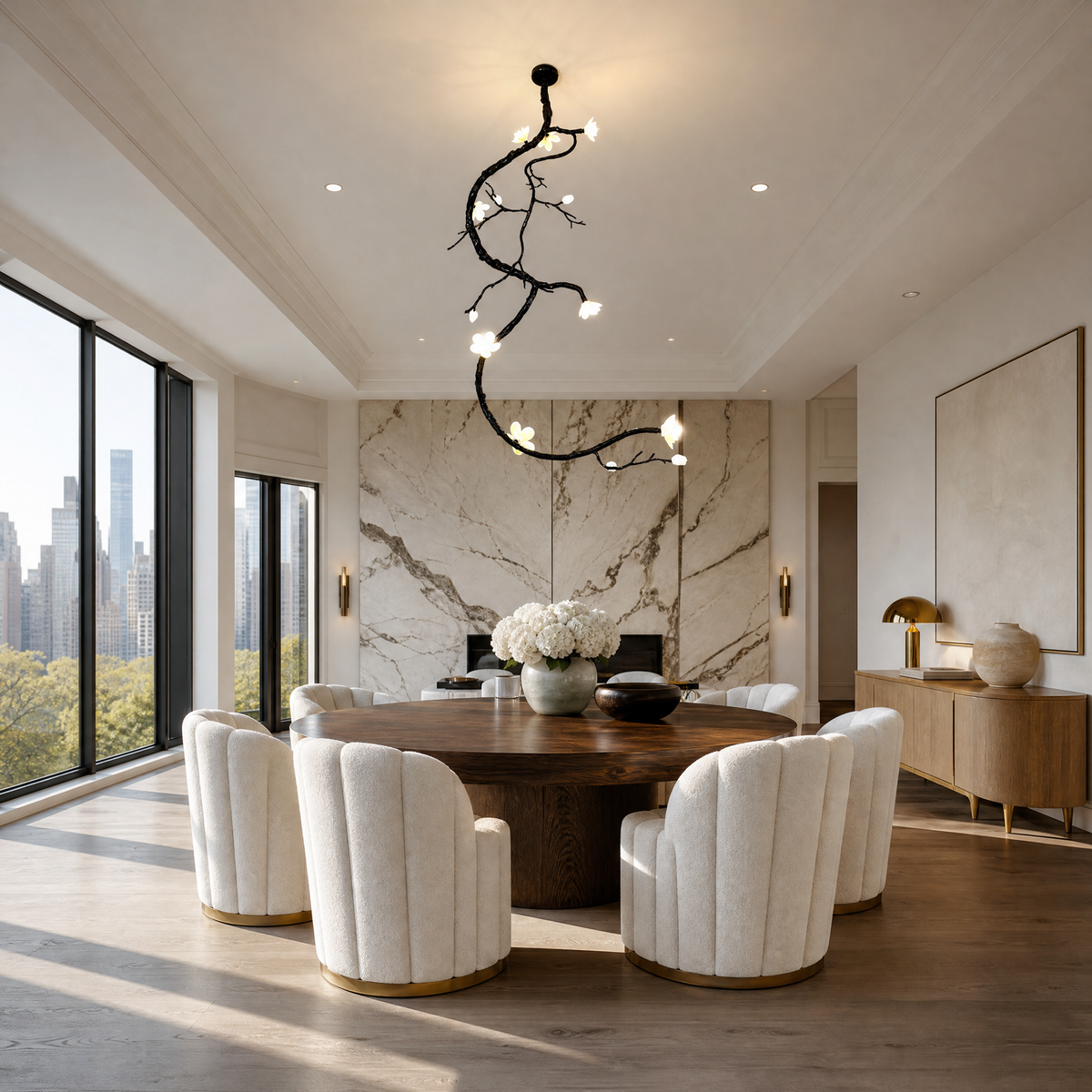 A matte black metal vine branch pendant light with frosted glass floral blossoms suspended from a ceiling mount.