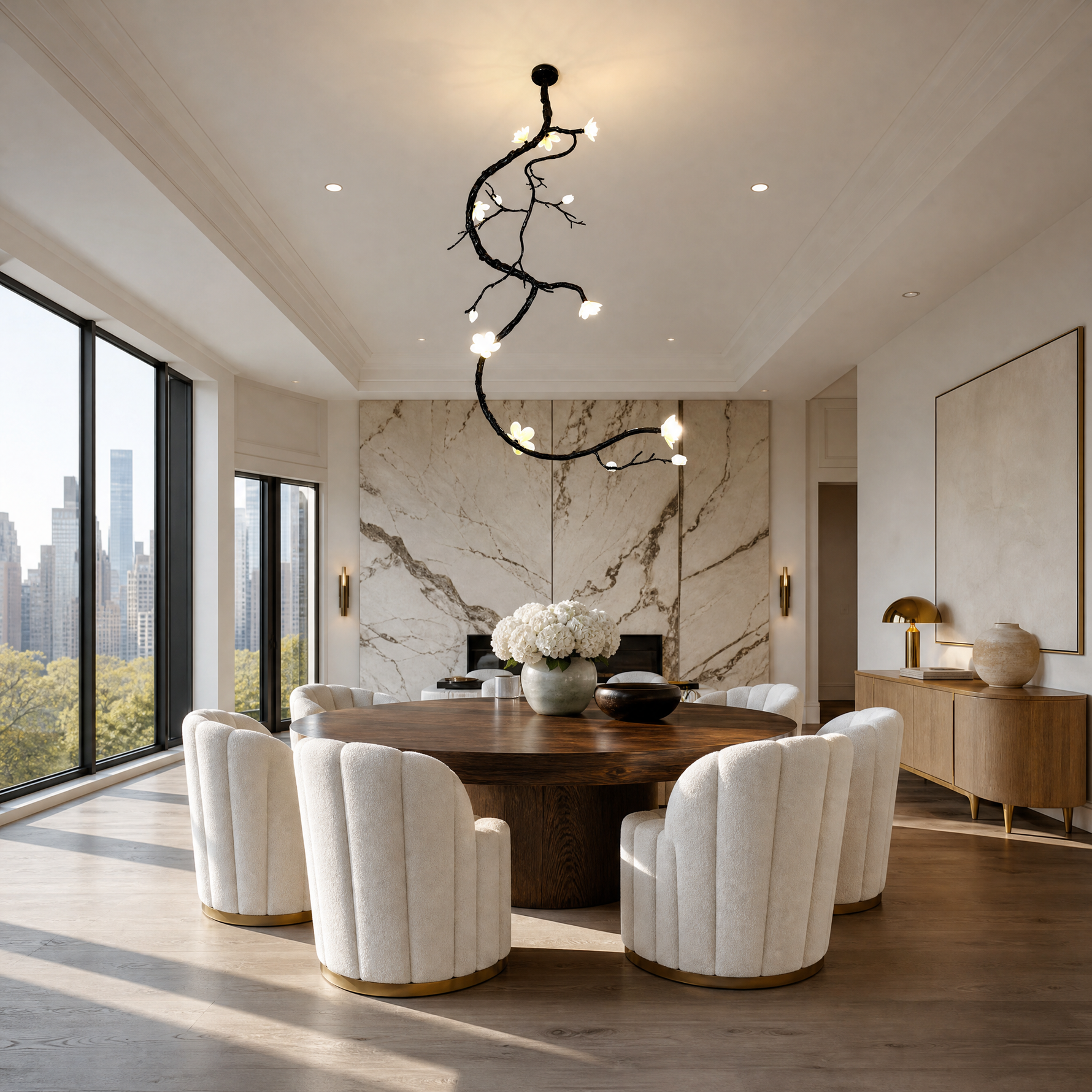 A matte black metal vine branch pendant light with frosted glass floral blossoms suspended from a ceiling mount.