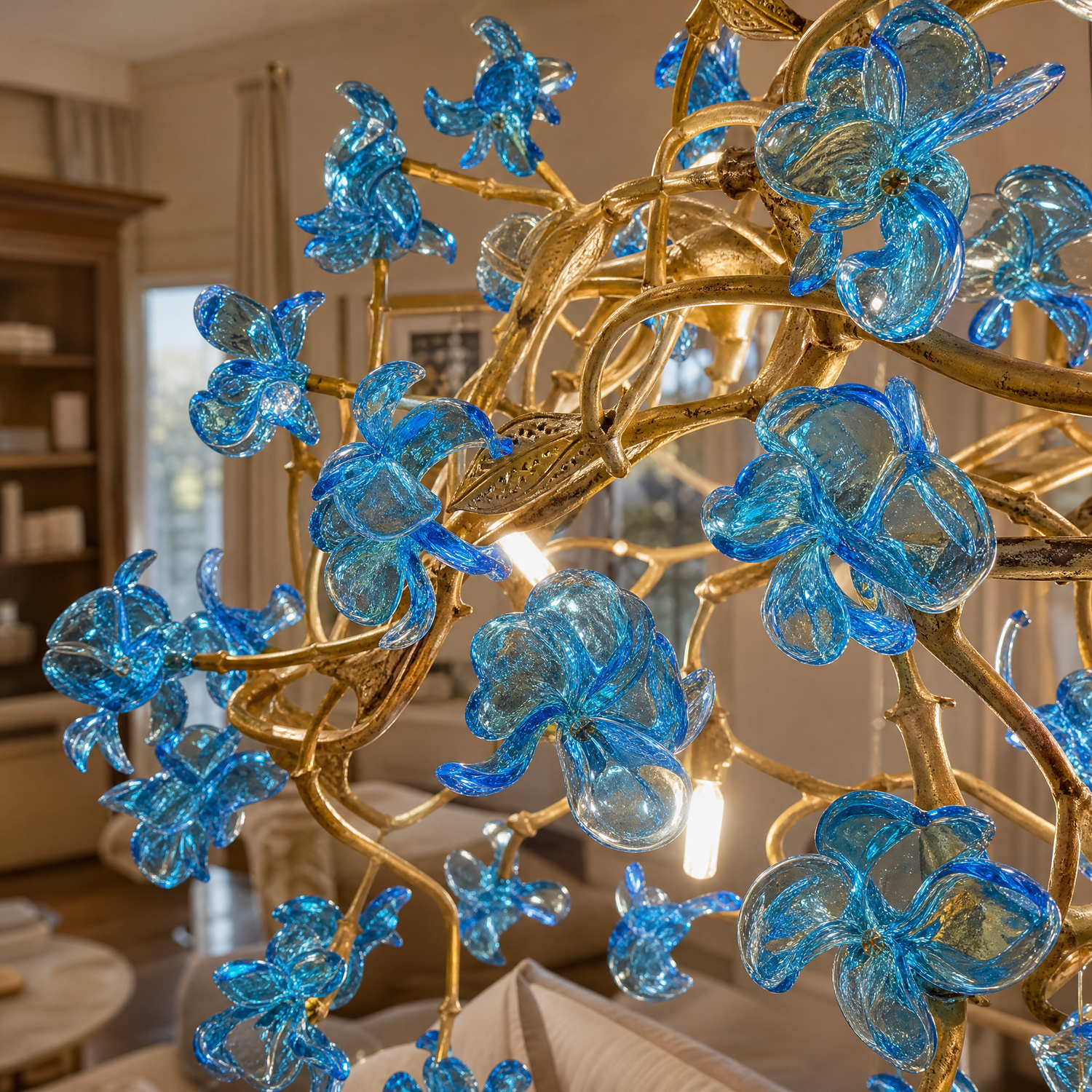 A modern chandelier with an intricate gold branch frame and handcrafted blue glass floral accents.