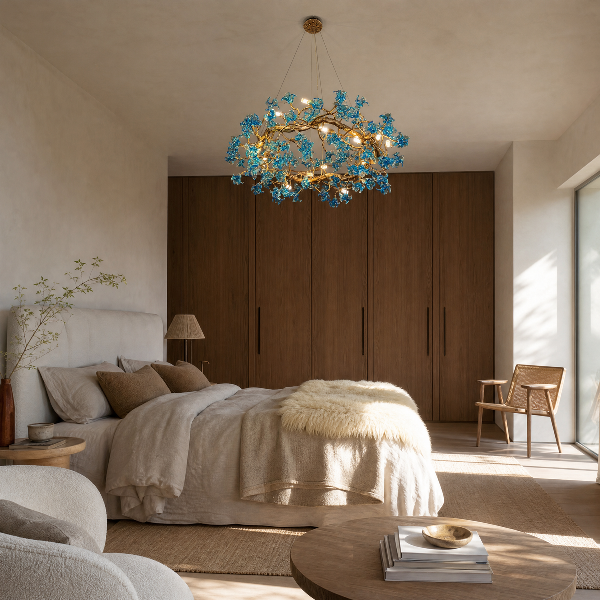 A modern chandelier with an intricate gold branch frame and handcrafted blue glass floral accents.