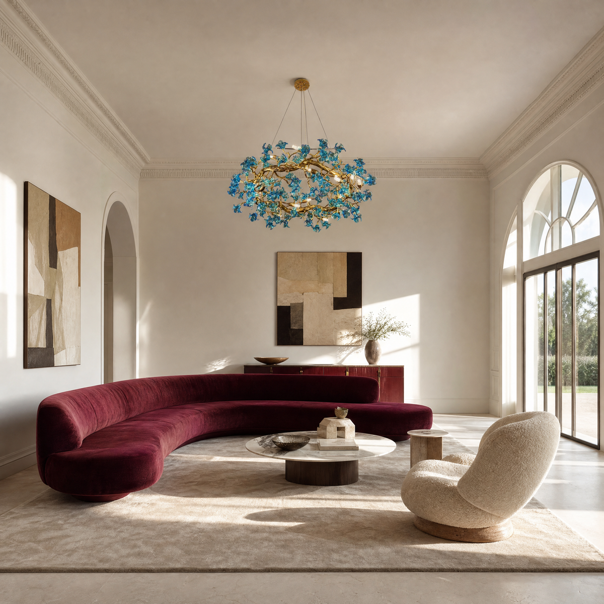 A modern chandelier with an intricate gold branch frame and handcrafted blue glass floral accents.
