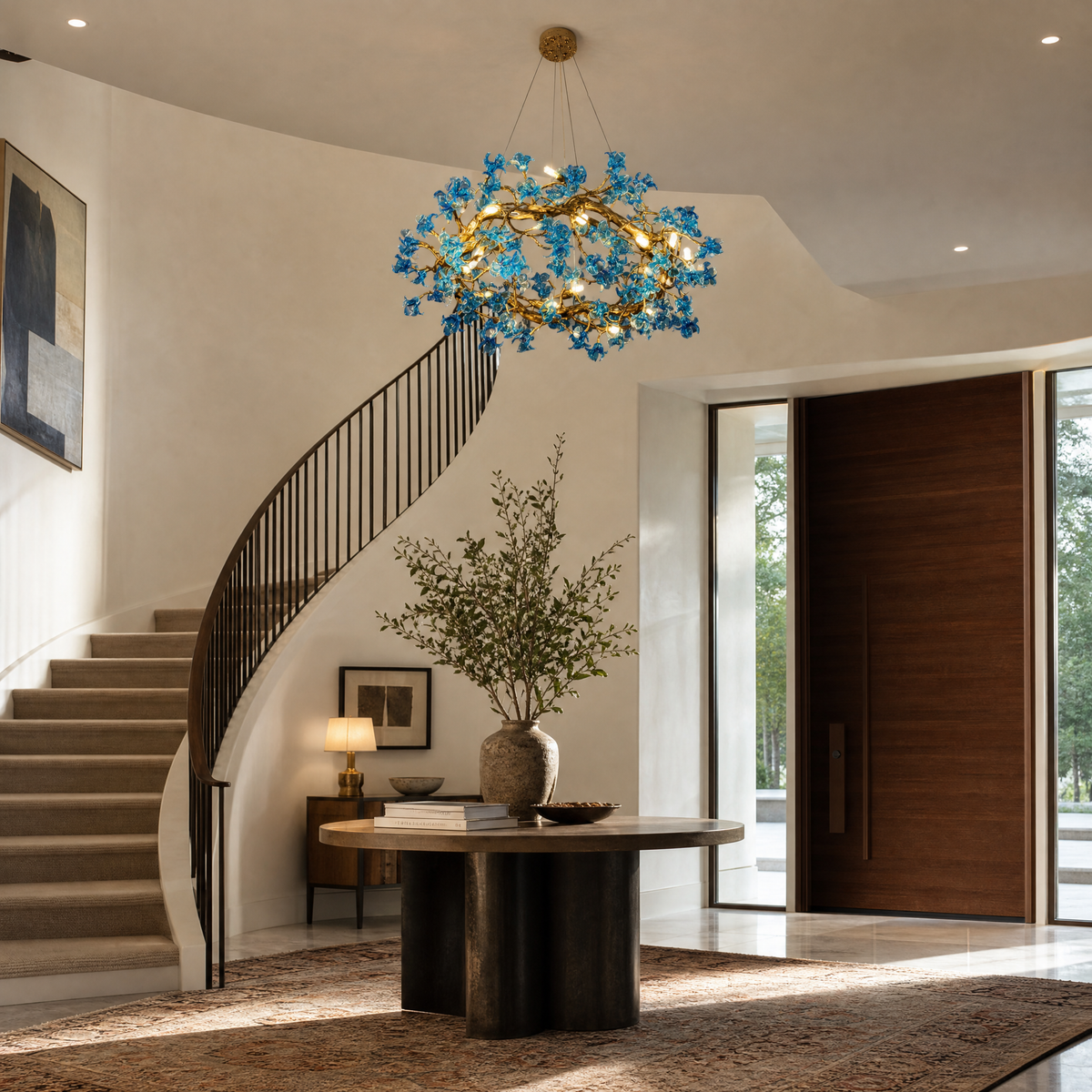 A modern chandelier with an intricate gold branch frame and handcrafted blue glass floral accents.