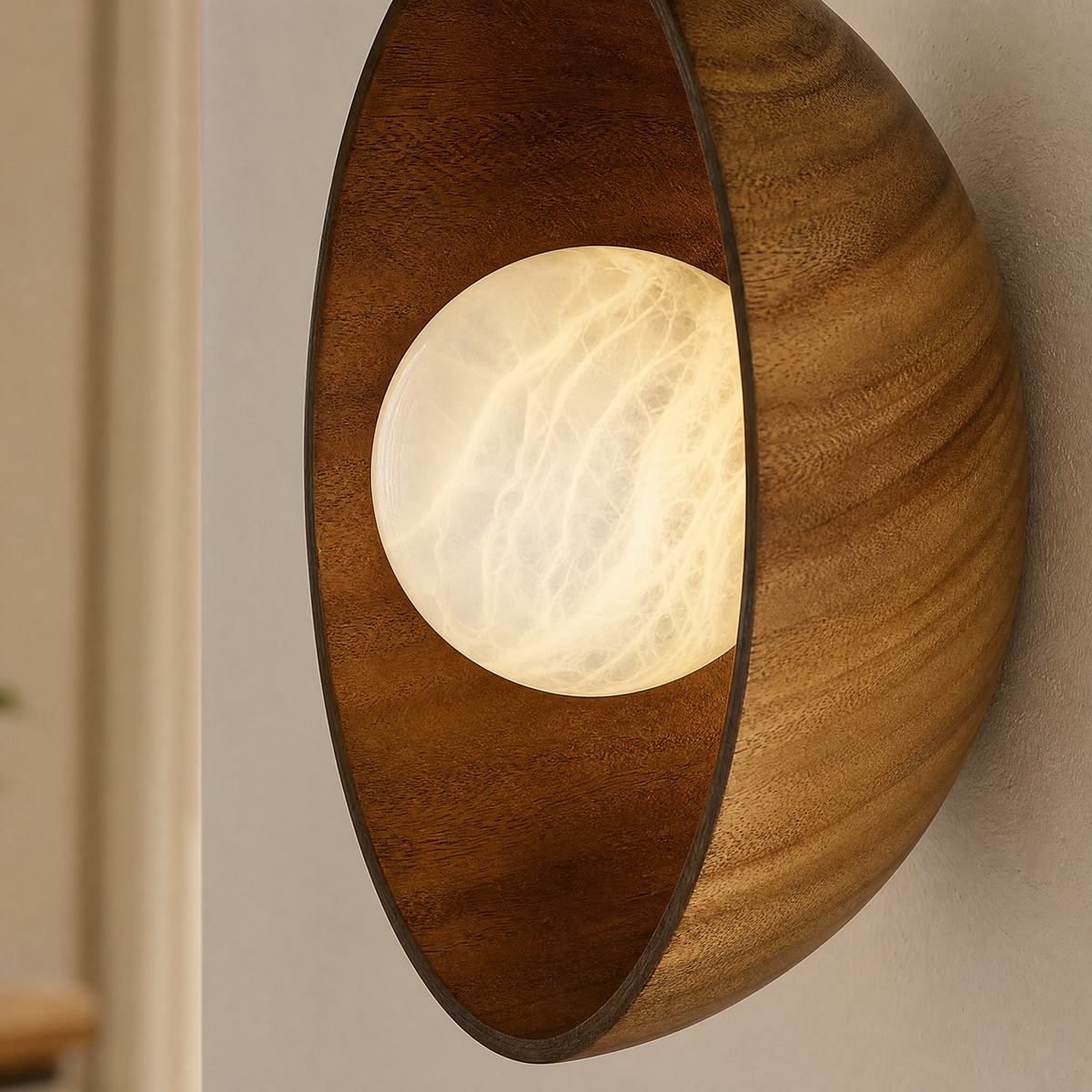 Bosco Wood Carved Bowl Alabaster Wall Sconce