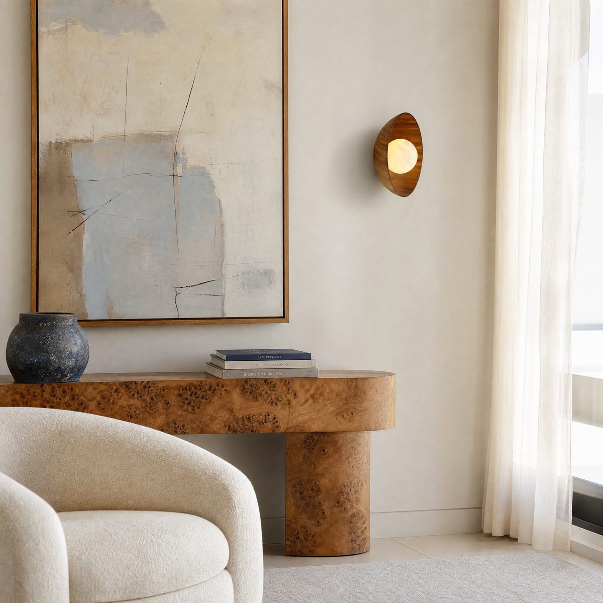 Bosco Wood Carved Bowl Alabaster Wall Sconce