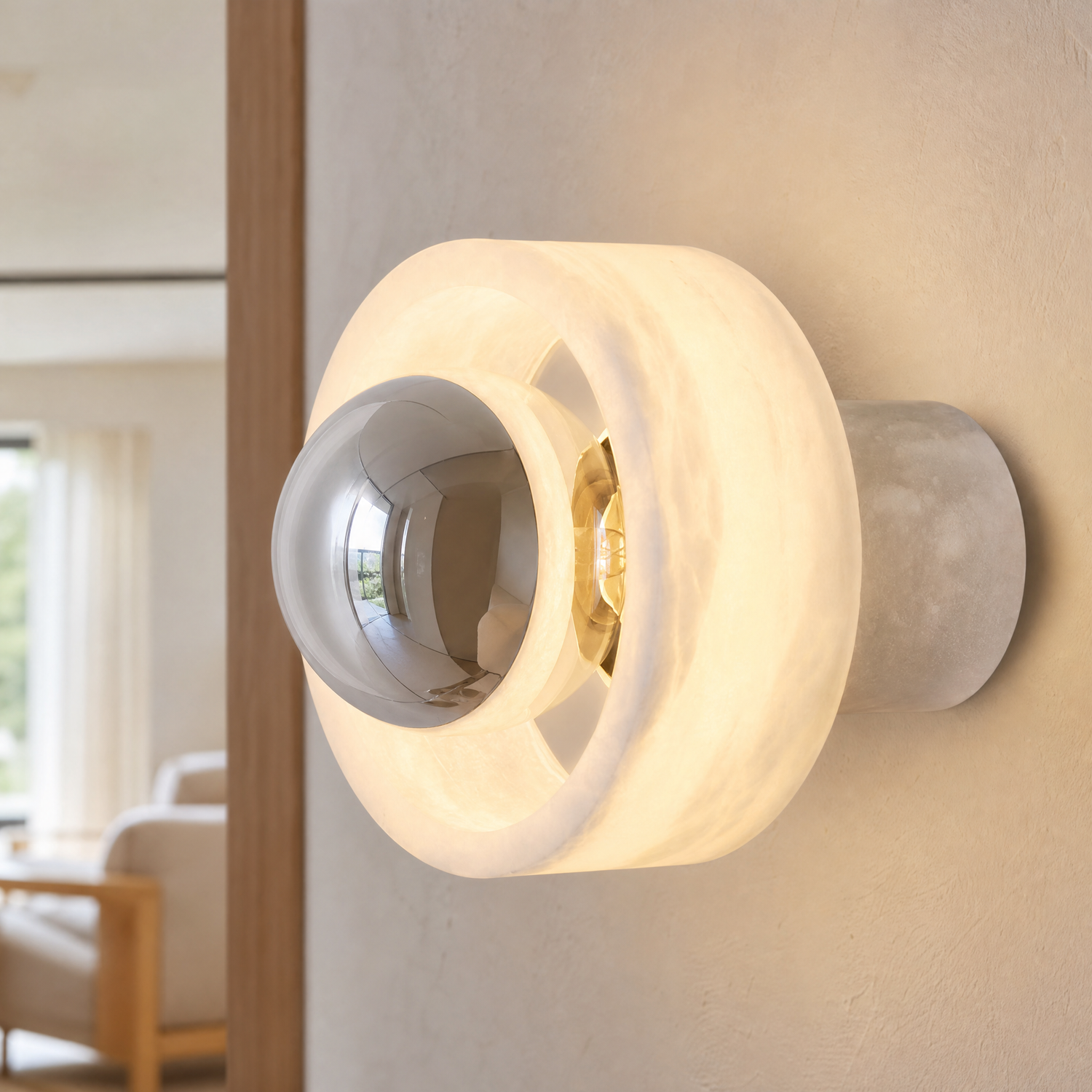 Bosco Wood Polished Orb Alabaster Halo Wall Sconce
