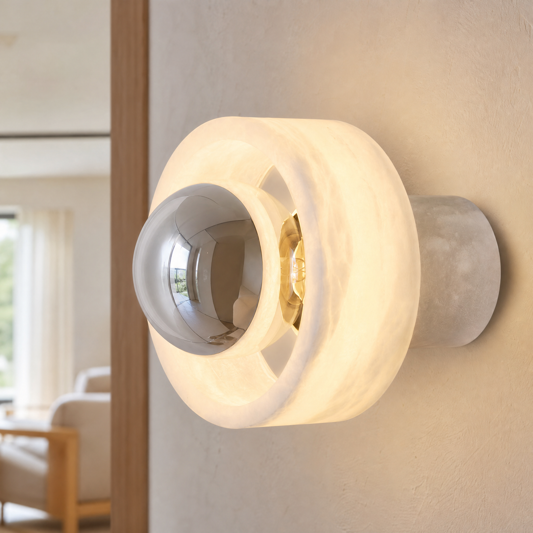 Bosco Wood Polished Orb Alabaster Halo Wall Sconce