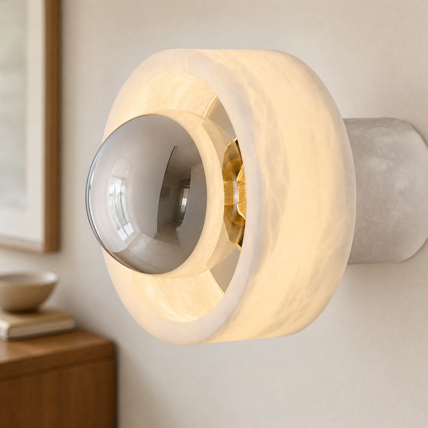 Bosco Wood Polished Orb Alabaster Halo Wall Sconce