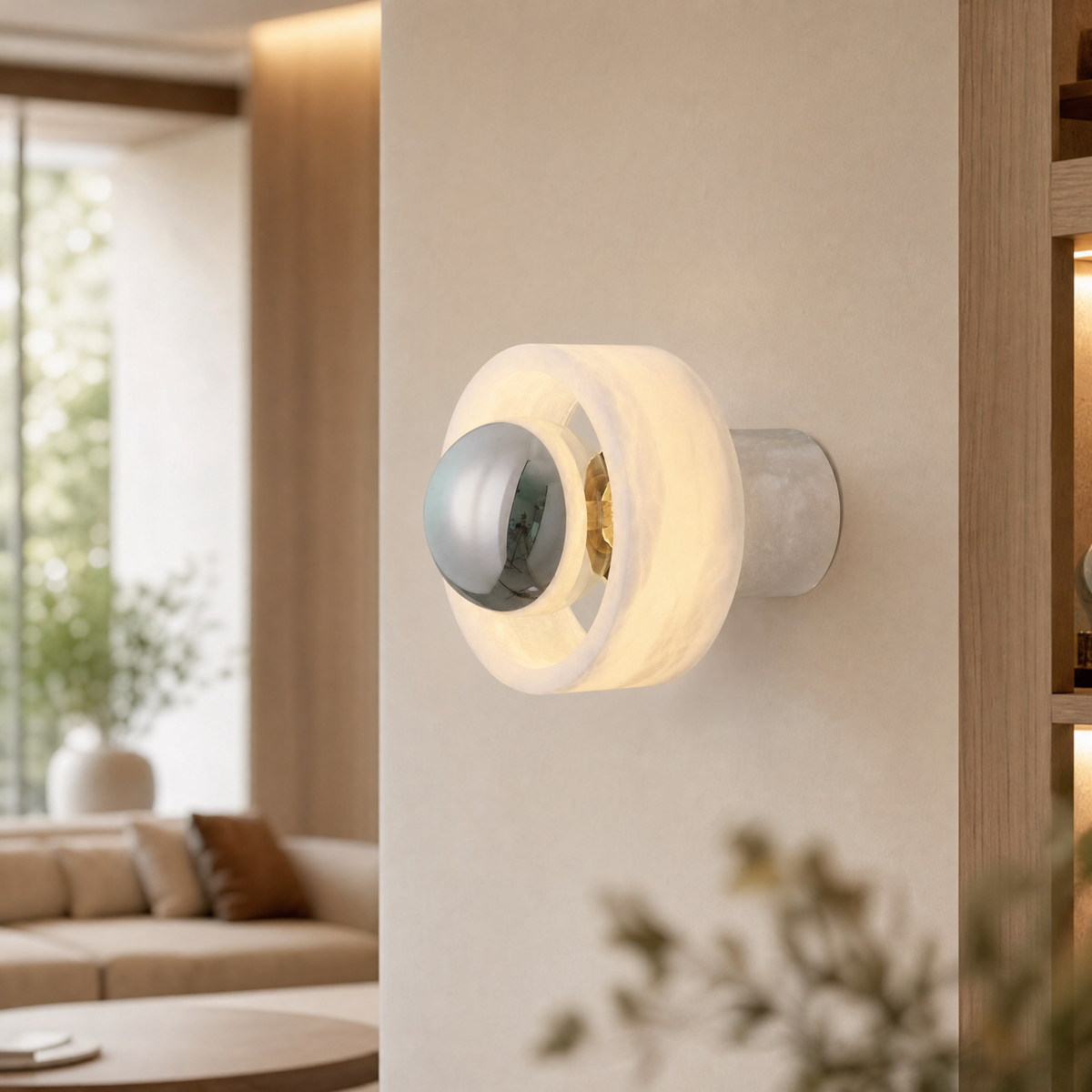 Bosco Wood Polished Orb Alabaster Halo Wall Sconce