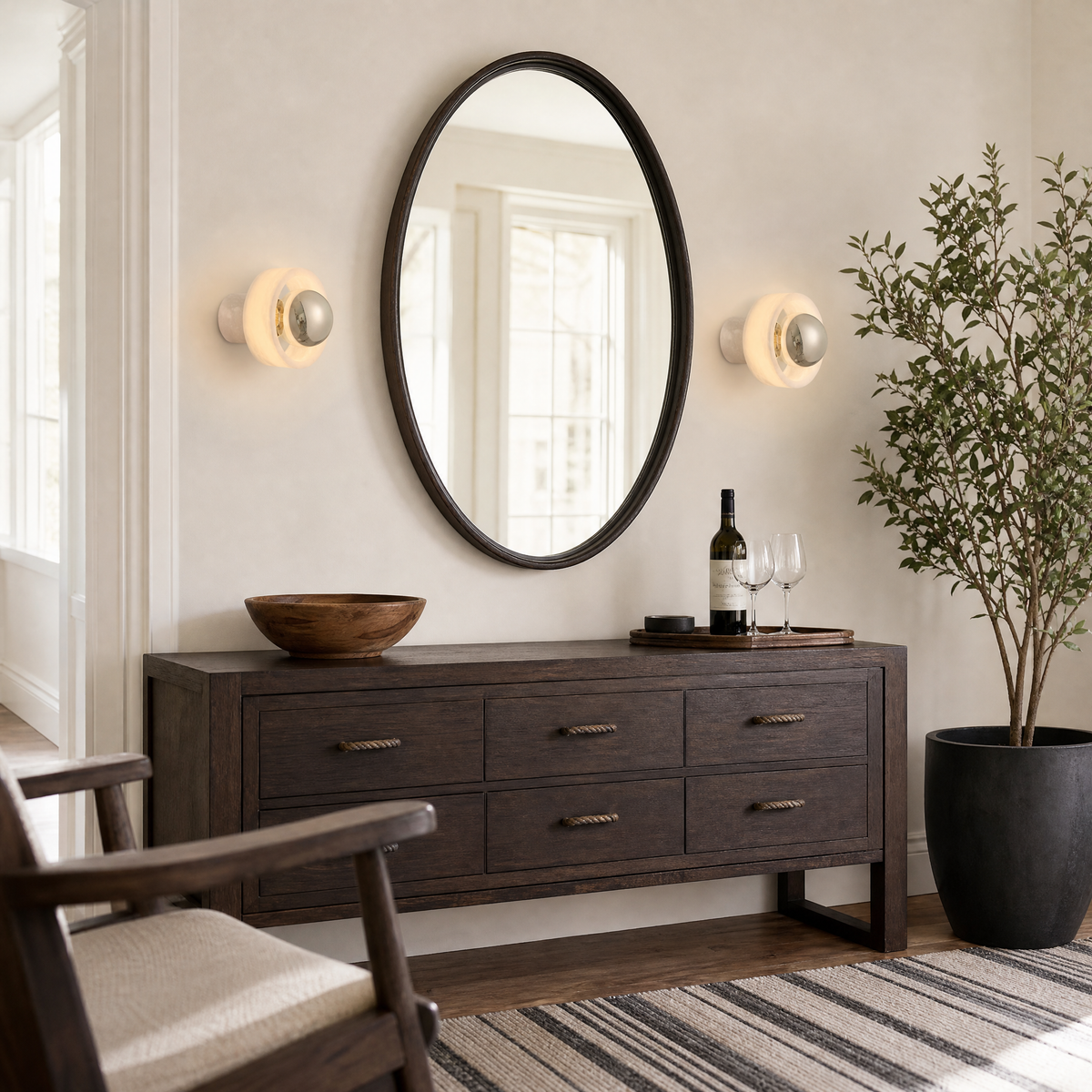 Bosco Wood Polished Orb Alabaster Halo Wall Sconce