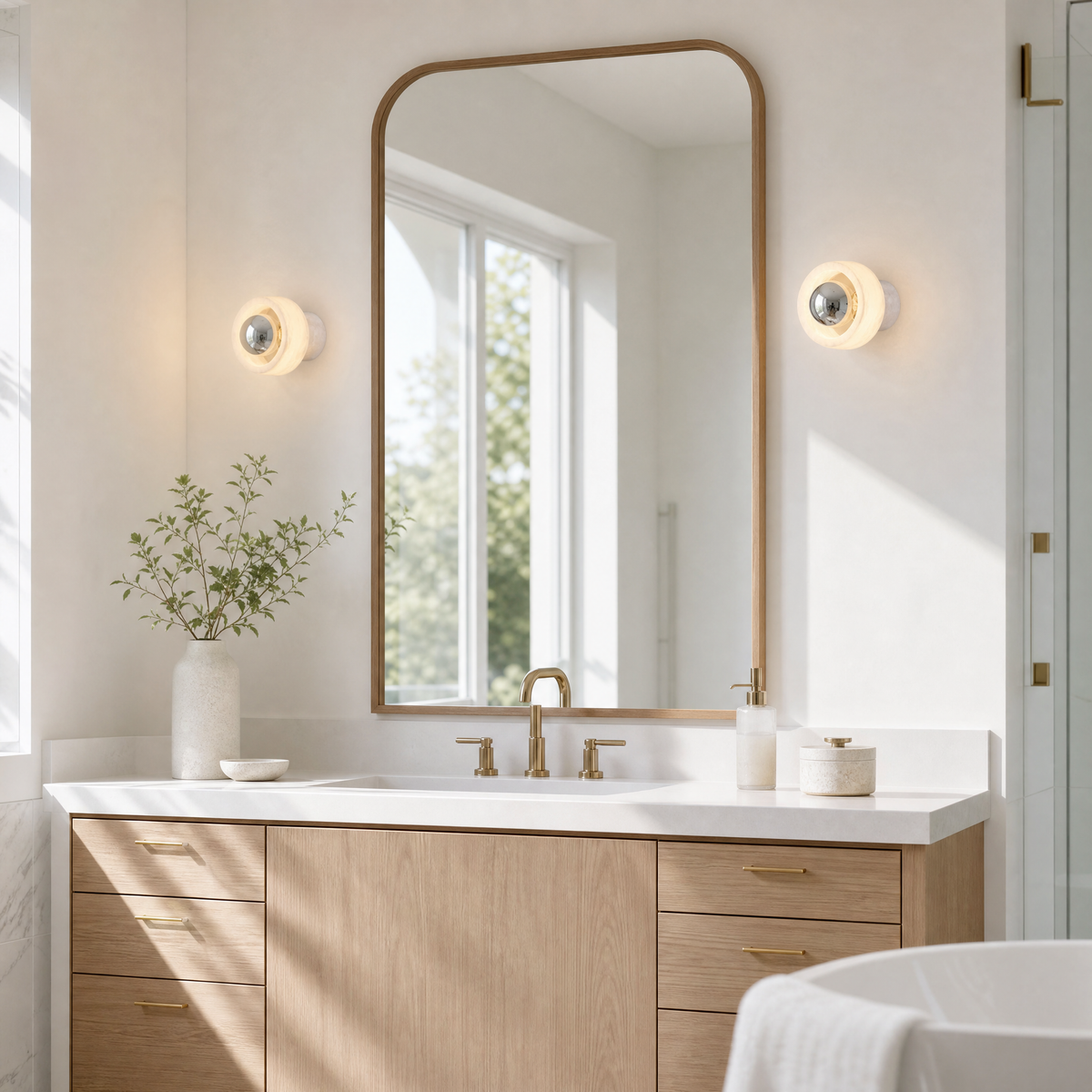 Bosco Wood Polished Orb Alabaster Halo Wall Sconce