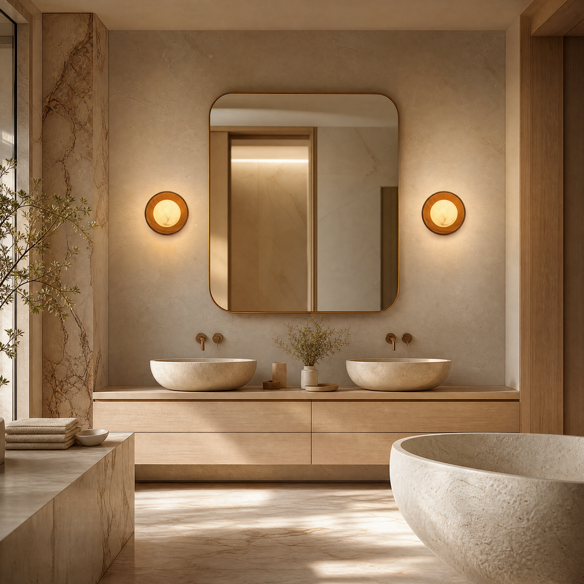 Bosco Wood Walnut Disc Alabaster Wall Sconce