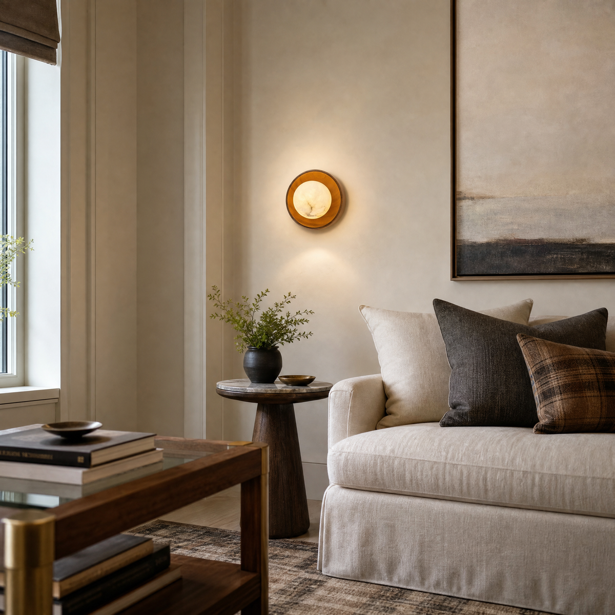 Bosco Wood Walnut Disc Alabaster Wall Sconce