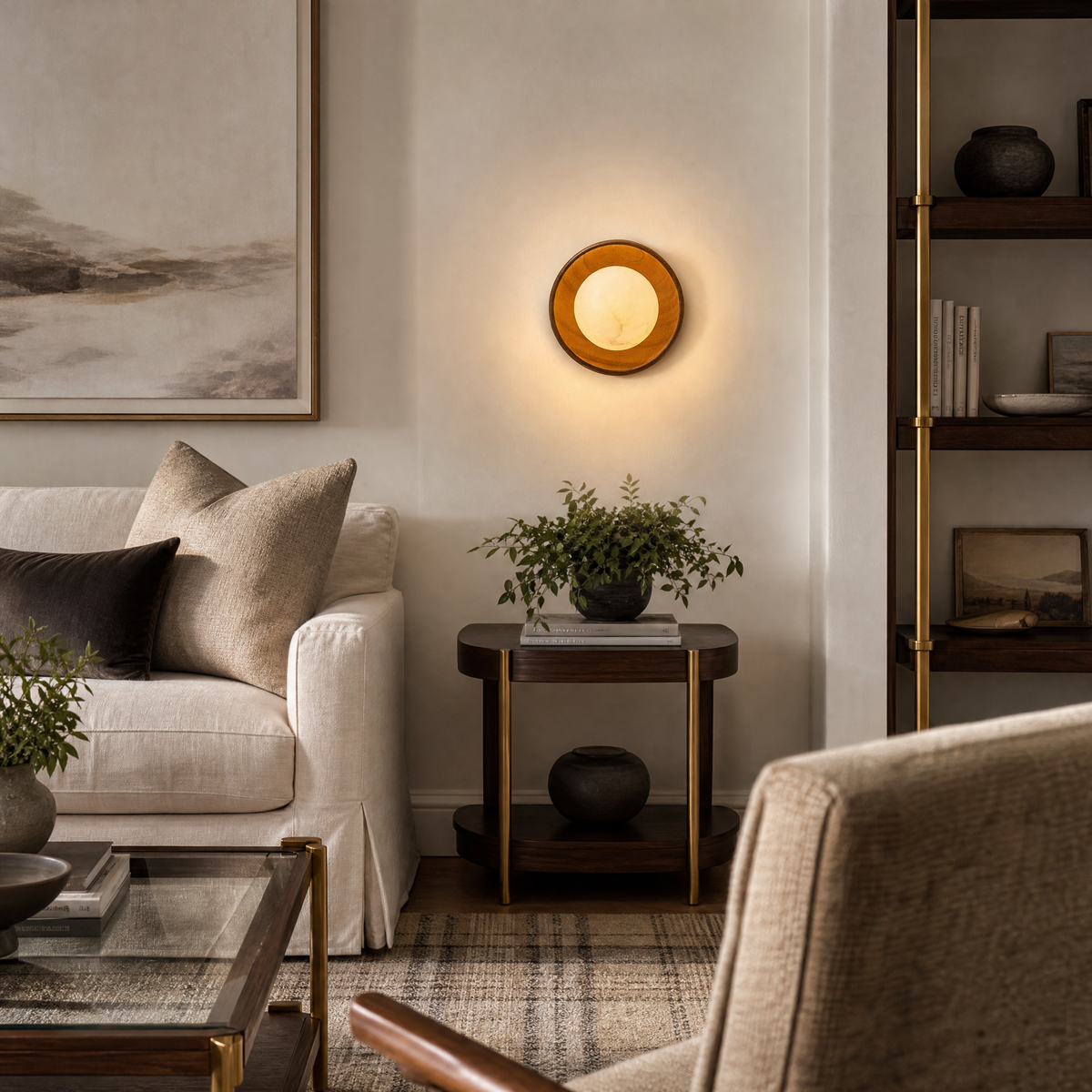 Bosco Wood Walnut Disc Alabaster Wall Sconce
