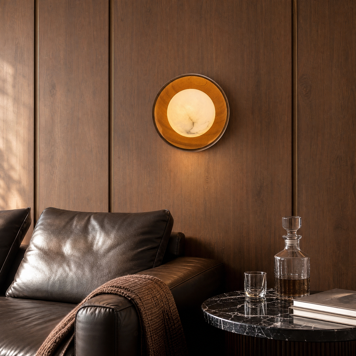Bosco Wood Walnut Disc Alabaster Wall Sconce