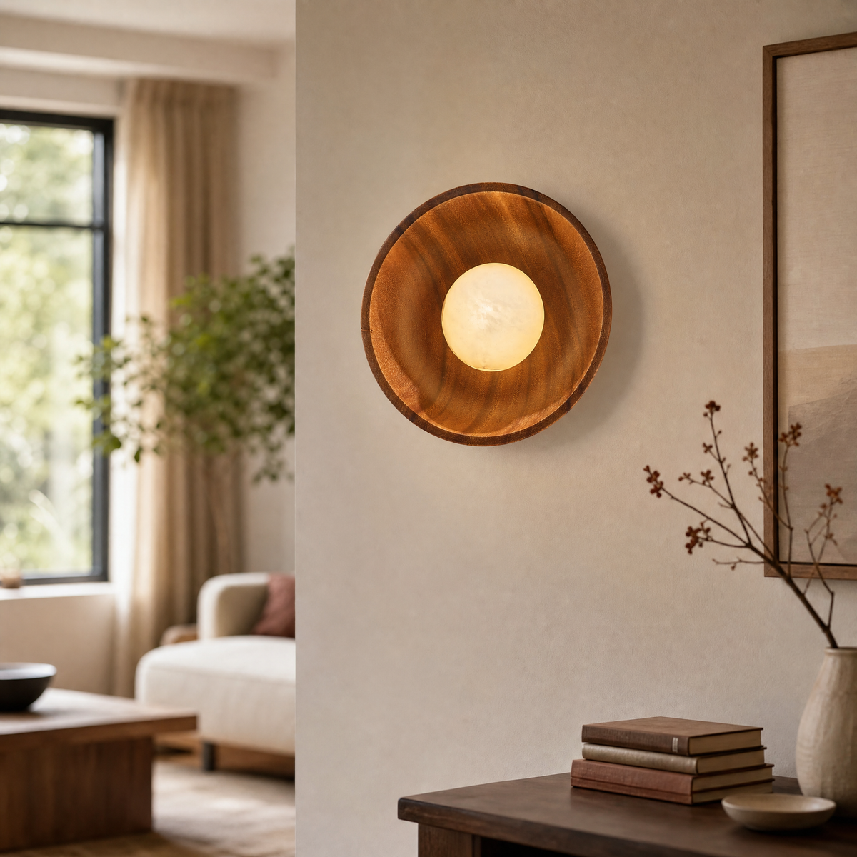 Bosco Wood Walnut Disc Alabaster Wall Sconce