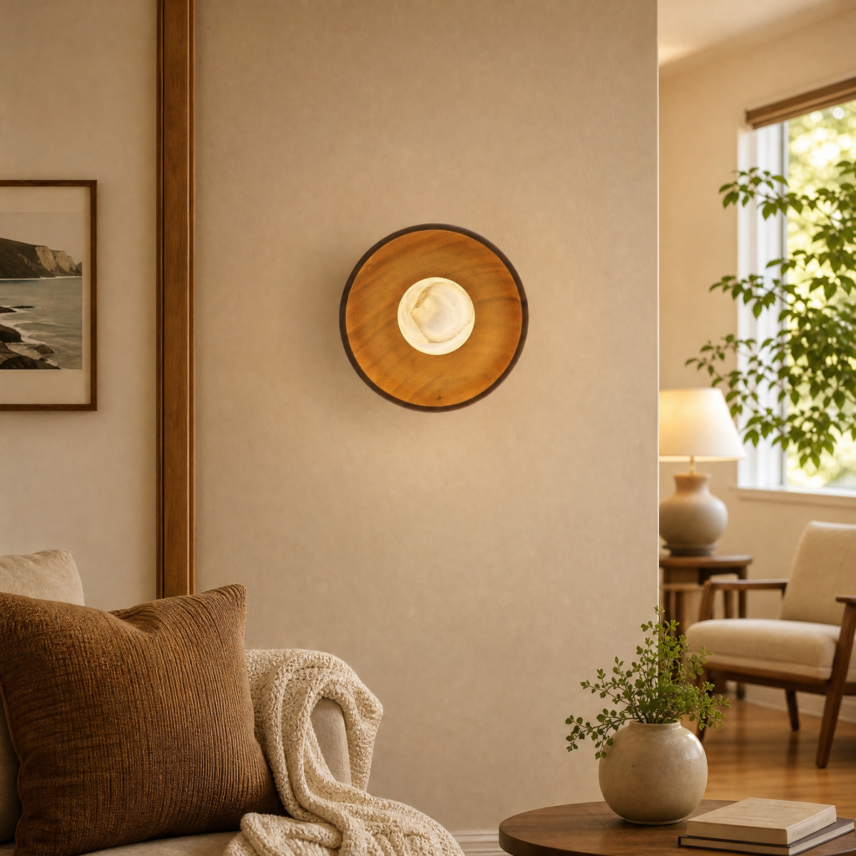 Bosco Wood Walnut Disc Alabaster Wall Sconce