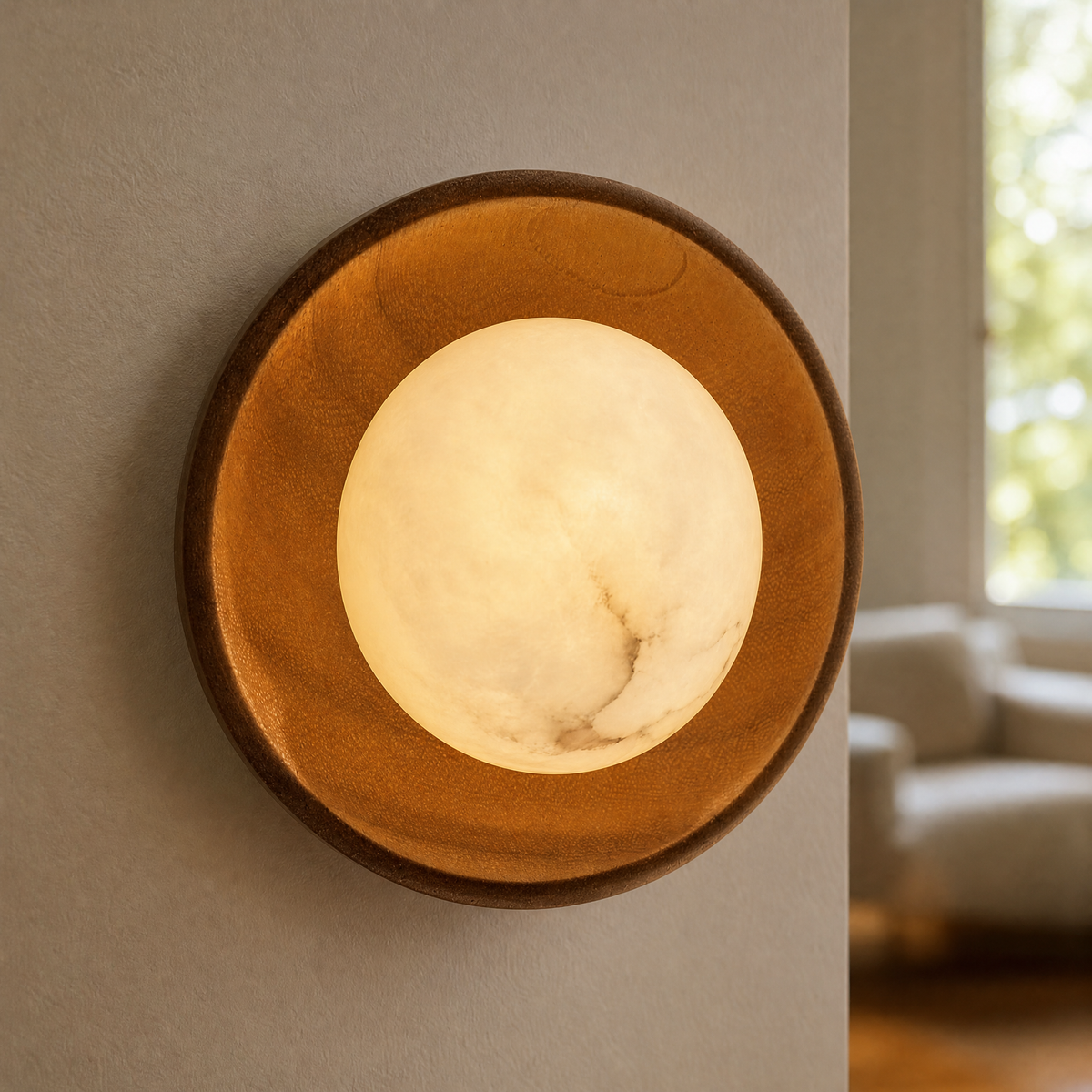 Bosco Wood Walnut Disc Alabaster Wall Sconce