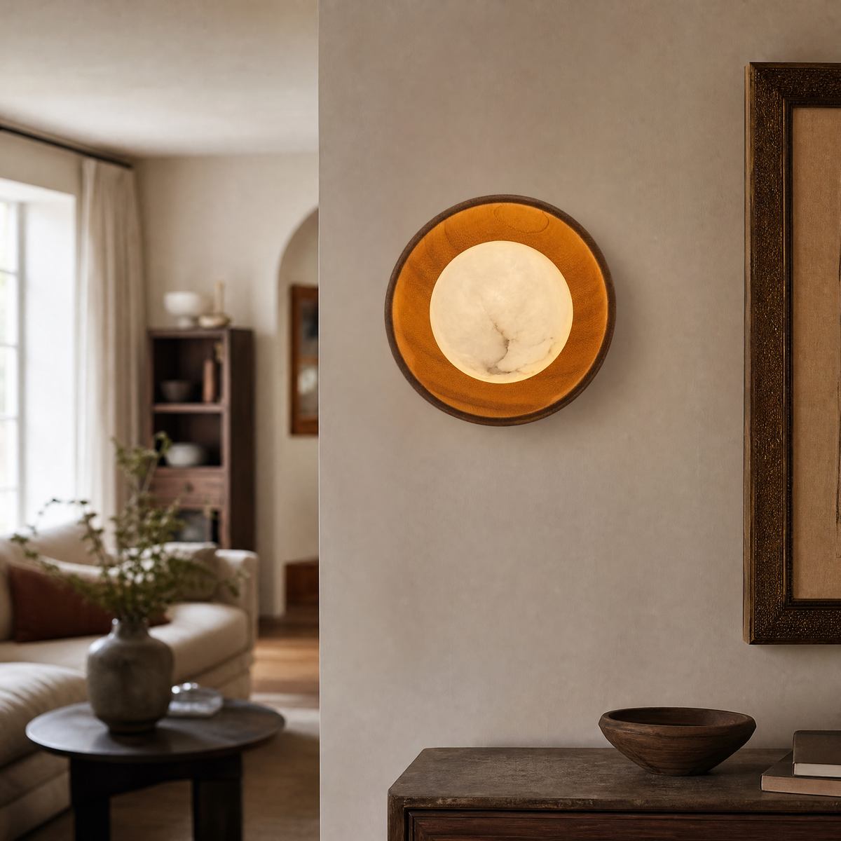 Bosco Wood Walnut Disc Alabaster Wall Sconce
