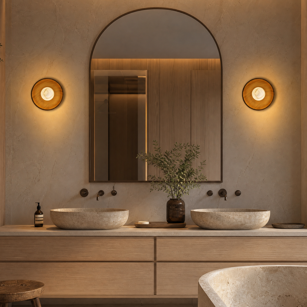 Bosco Wood Walnut Disc Alabaster Wall Sconce