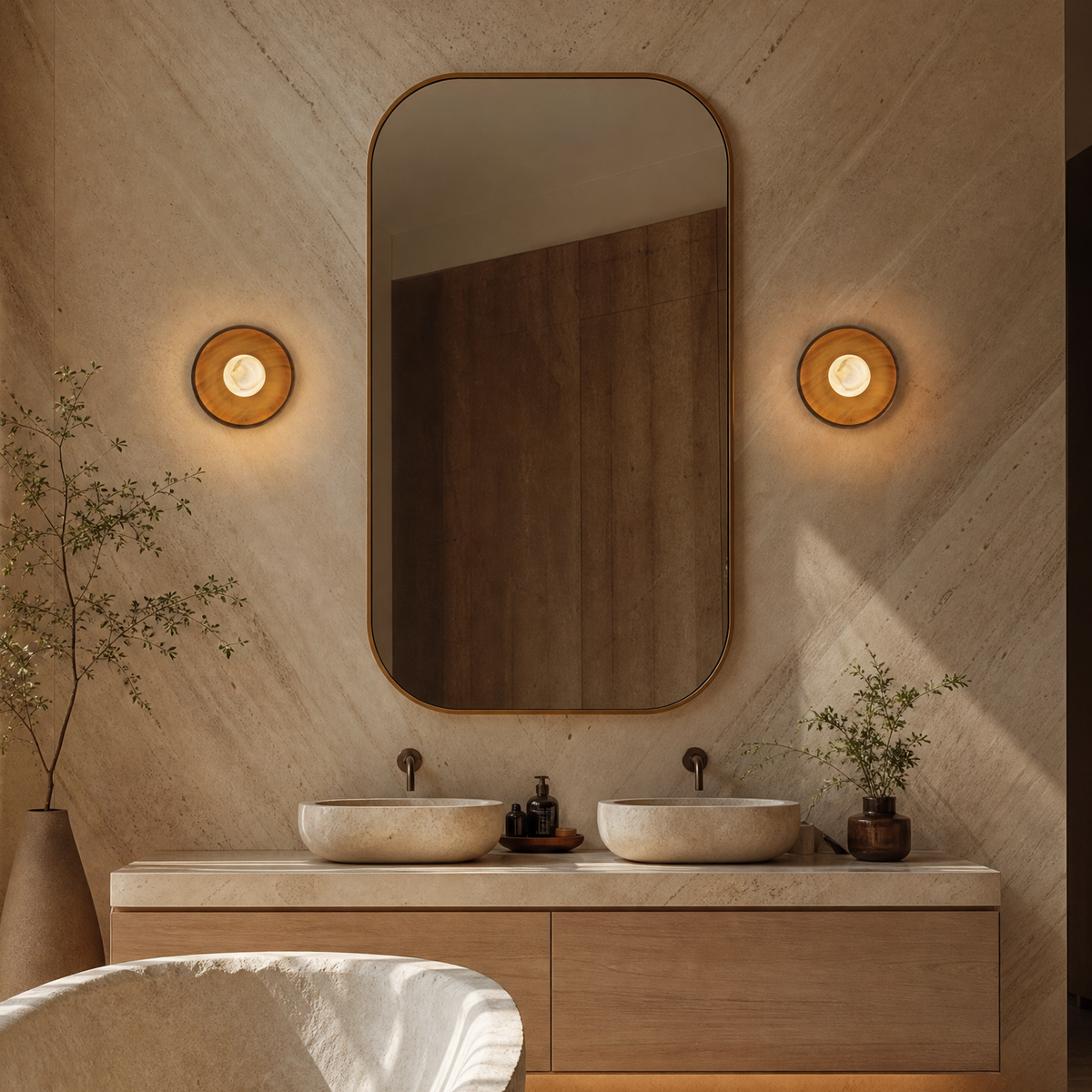 Bosco Wood Walnut Disc Alabaster Wall Sconce