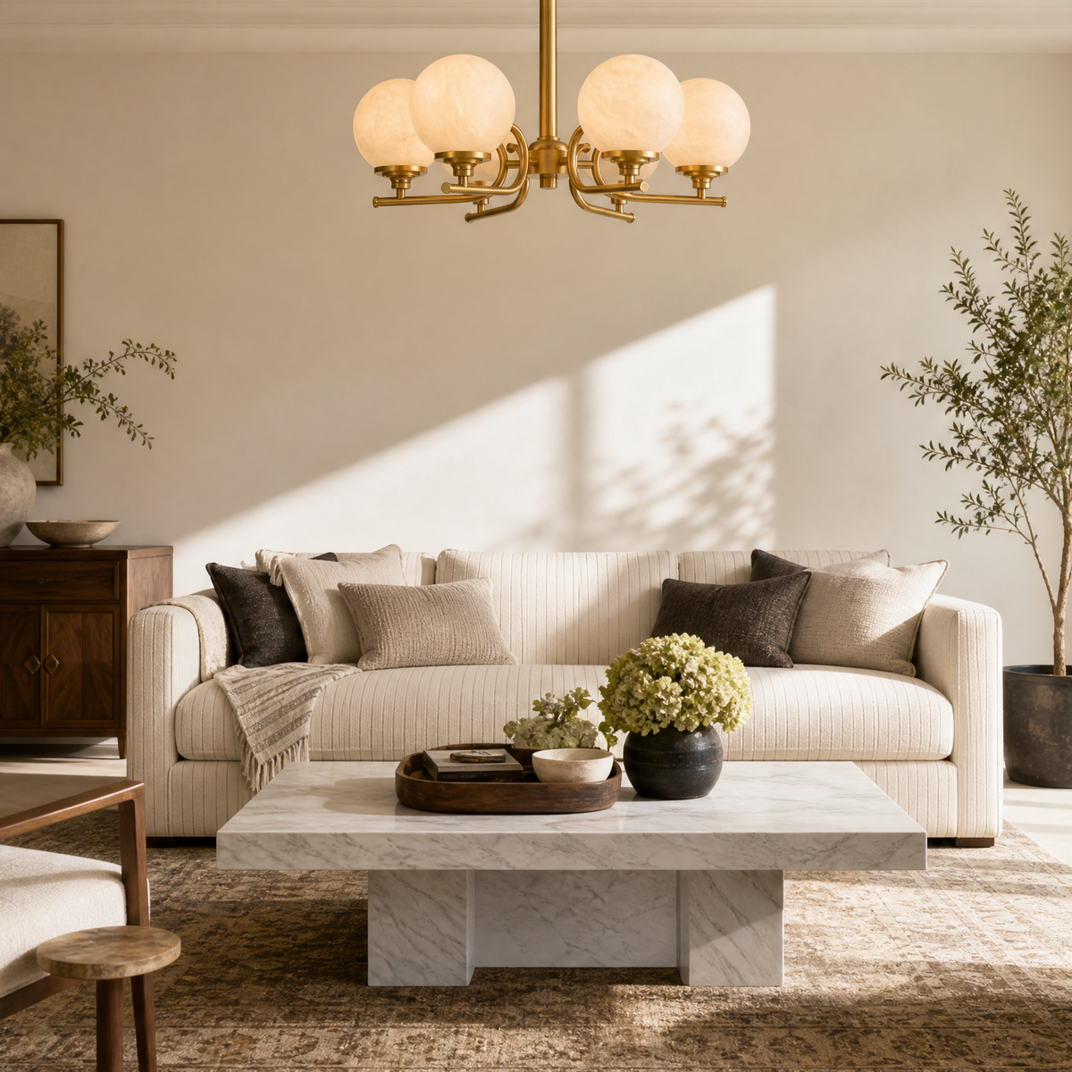 Brass 6-Arm Chandelier Alabaster