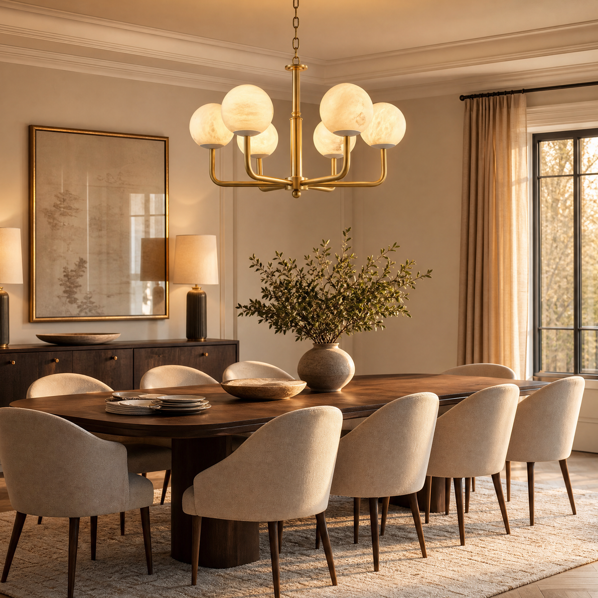Brass 6-Arm Orb Alabaster Pendant Light