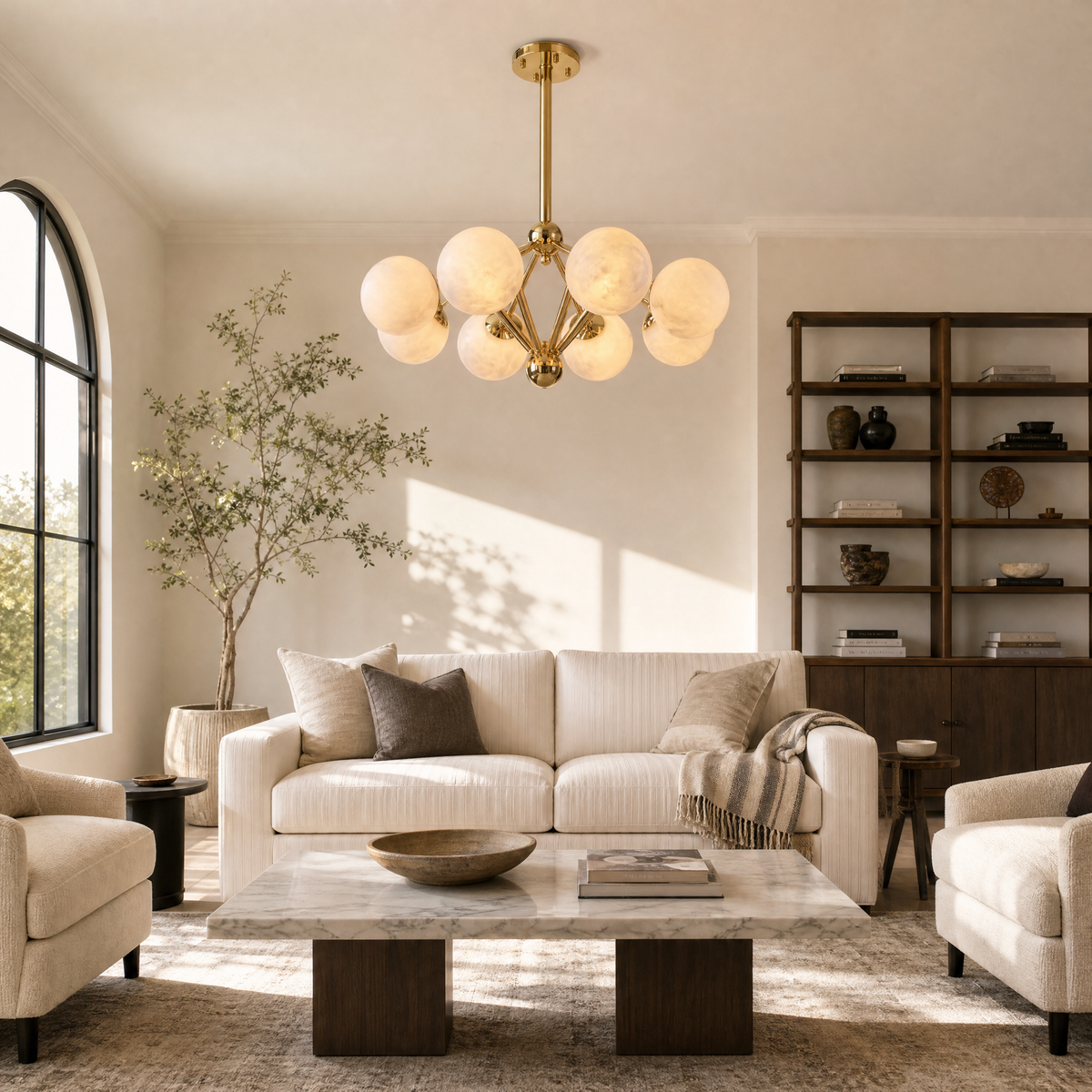Brass 8-orb Alabaster Pendant Light